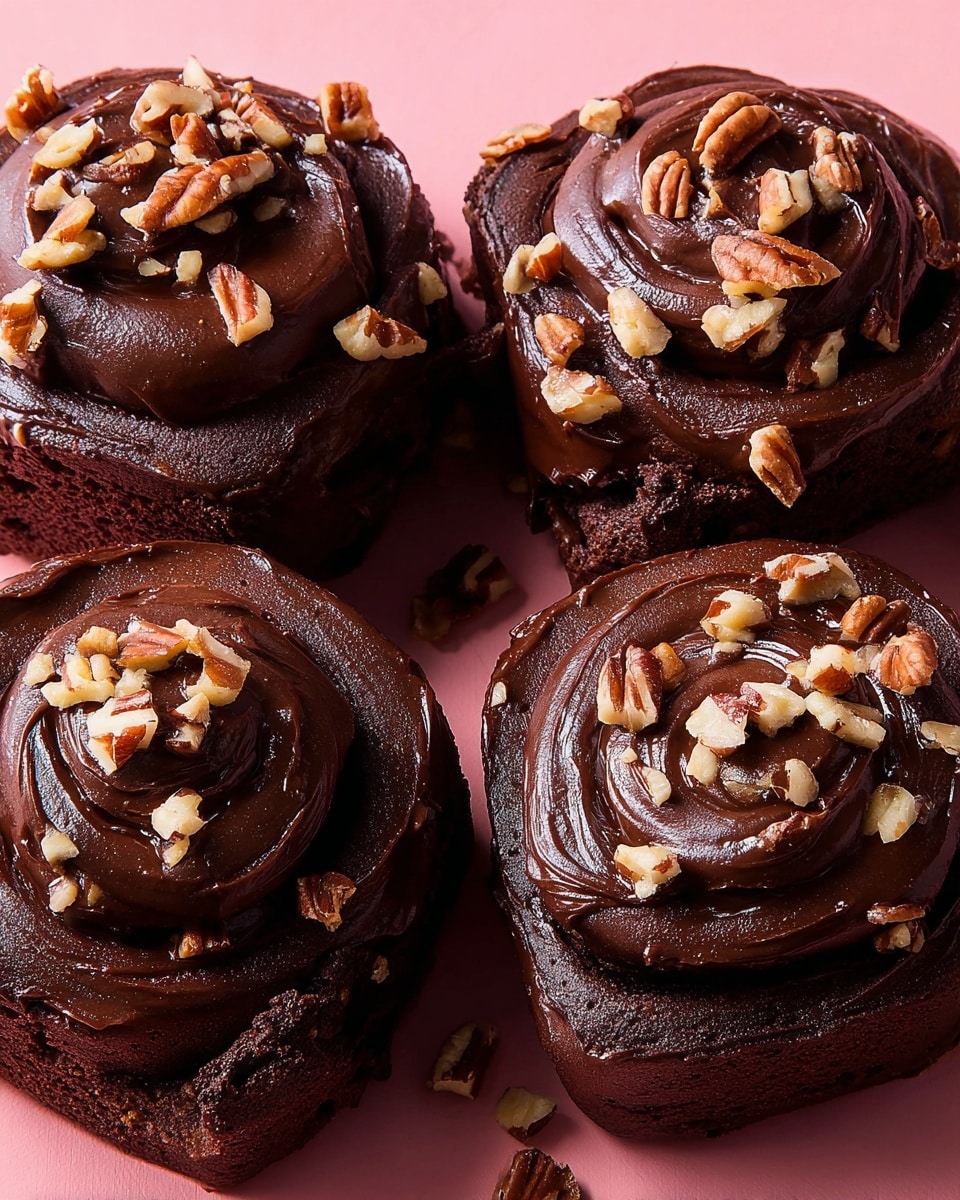 Four dark chocolate rolls are placed closely together on a pink surface, each roll made of a rich, dark brown dough with visible swirls creating a spiral pattern. On top of each roll, thick, glossy chocolate frosting spreads unevenly in a circular layer, reflecting the light smoothly. Small pieces of chopped pecans with light brown and creamy beige colors are scattered generously on the frosting and around the rolls, adding a crunchy texture. The rolls show slight cracks on the edges, giving a homemade feel. The photo taken with an iphone --ar 4:5 --v 7