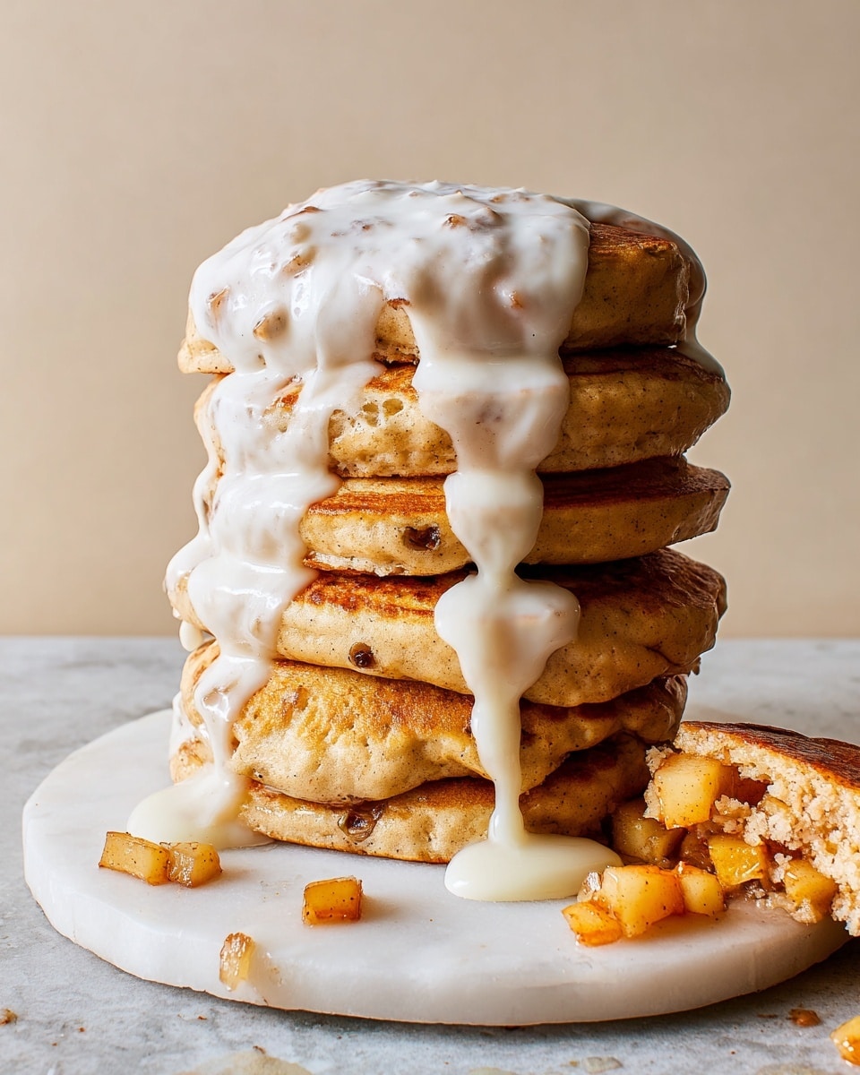 The image shows five round golden-brown hand pies on a white marbled surface. Each pie has a slightly cracked, crisp crust with small darker spots indicating baked texture. Three pies have a smooth white icing layer spread unevenly on top, covering about half of their surface. One pie is broken in half, revealing a chunky filling of cooked diced apples with a caramelized brown color spilling out from the middle. A silver spoon with some white icing on it rests beside the pies. Photo taken with an iphone --ar 4:5 --v 7