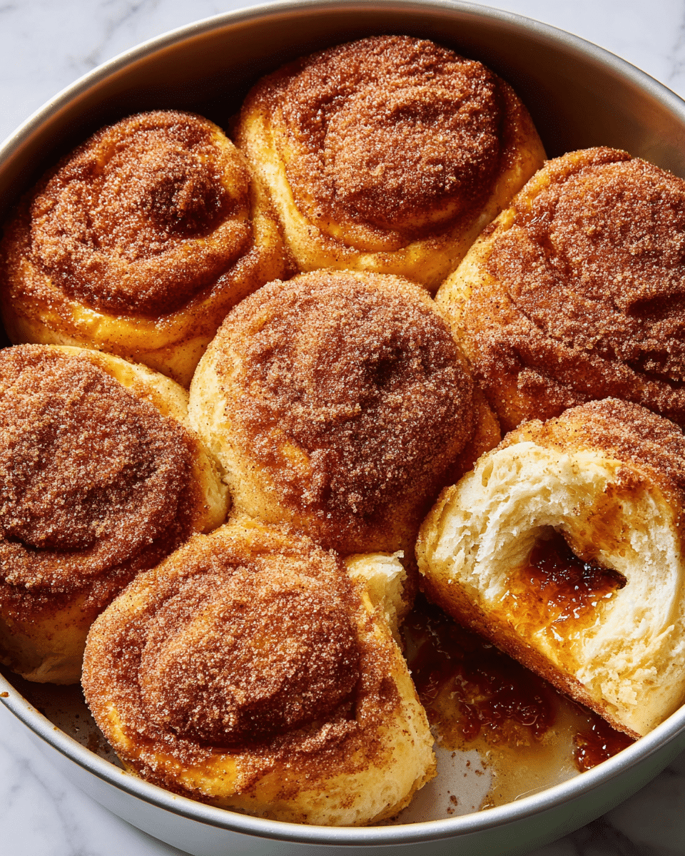 A round baking pan holds seven fluffy, golden brown rolls with a thick coating of cinnamon sugar on top. The rolls are slightly overlapping, with a soft, bumpy texture and warm brown color from the sugar crust. One roll at the bottom right is torn open, revealing a gooey, shiny cinnamon filling inside that is dark amber and sticky. The background is a white marbled texture. photo taken with an iphone --ar 4:5 --v 7