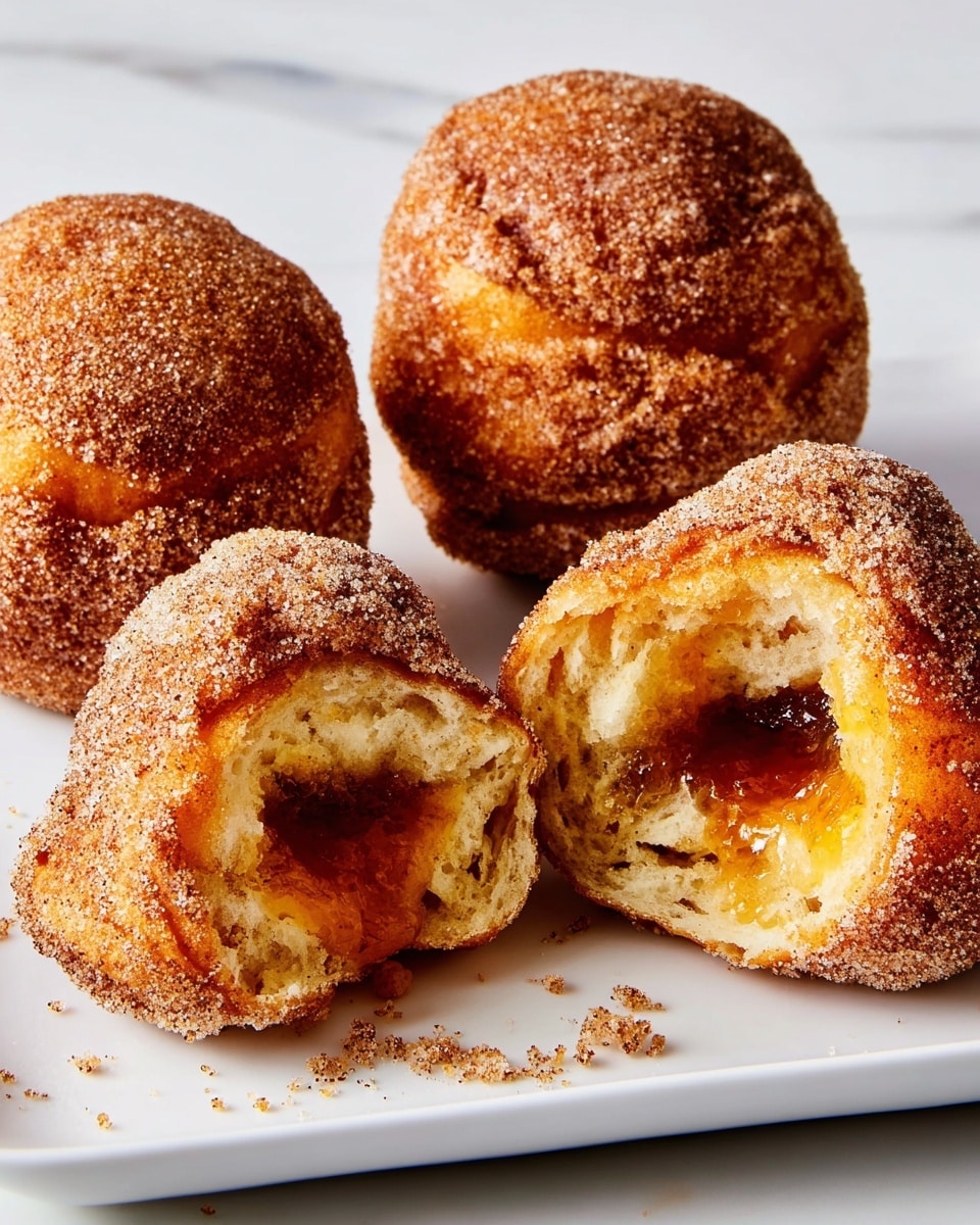 Four soft, round pastries coated in a rough, grainy layer of cinnamon sugar are arranged on a white square plate set against a white marbled texture background. Three of the pastries are whole, displaying a warm, golden-brown color with uneven, textured tops. The fourth pastry is cut open in the front, revealing a thick, gooey inside layer of dark amber syrup or cinnamon filling surrounded by a soft, light yellow dough that looks tender and flaky. Small crumbs and bits of cinnamon sugar are scattered around the plate near the pastries. photo taken with an iphone --ar 4:5 --v 7