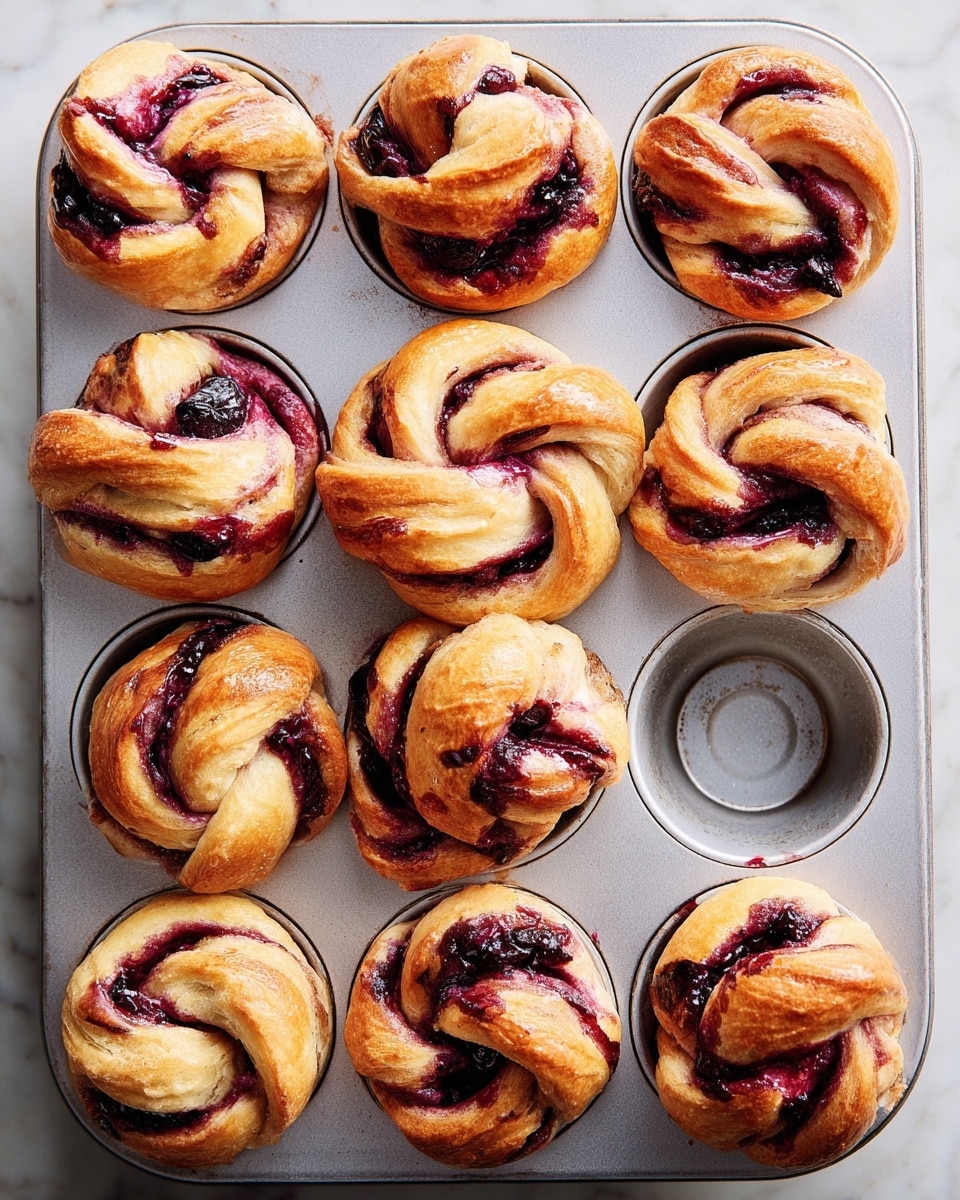 Nine freshly baked buns sit inside a silver muffin tray on a white marbled surface. Each bun is twisted with layers of soft golden-brown dough, woven with thick swirls of dark purple jam that create a marbled effect. The dough shines slightly from baking, with some parts puffed up and rounded, while the jam bursts through at the folds, showing sticky, glossy spots. Some buns have more jam visible on top, and all have a slightly uneven, homemade look. photo taken with an iphone --ar 4:5 --v 7