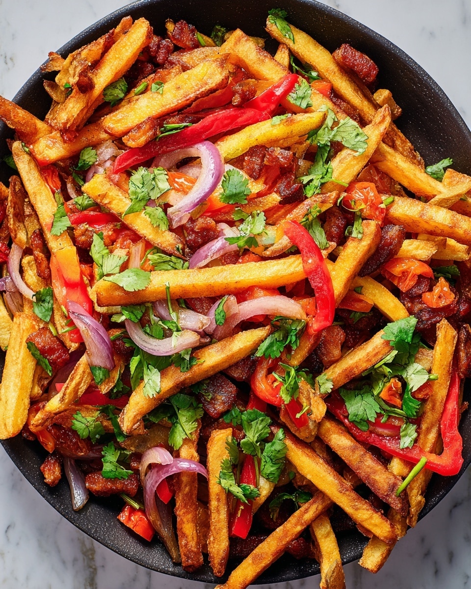 A black pan filled with crispy golden-brown fries forms the main layer, mixed evenly with thin slices of reddish purple onion and bright red bell pepper strips scattered throughout. There are also chunks of browned meat and irregular pieces of cooked tomato adding a deeper red hue, all topped with fresh green cilantro leaves for a burst of color and freshness. This mix of crispy, tender, and fresh textures creates a colorful, hearty dish against a white marbled texture background. Photo taken with an iphone --ar 4:5 --v 7