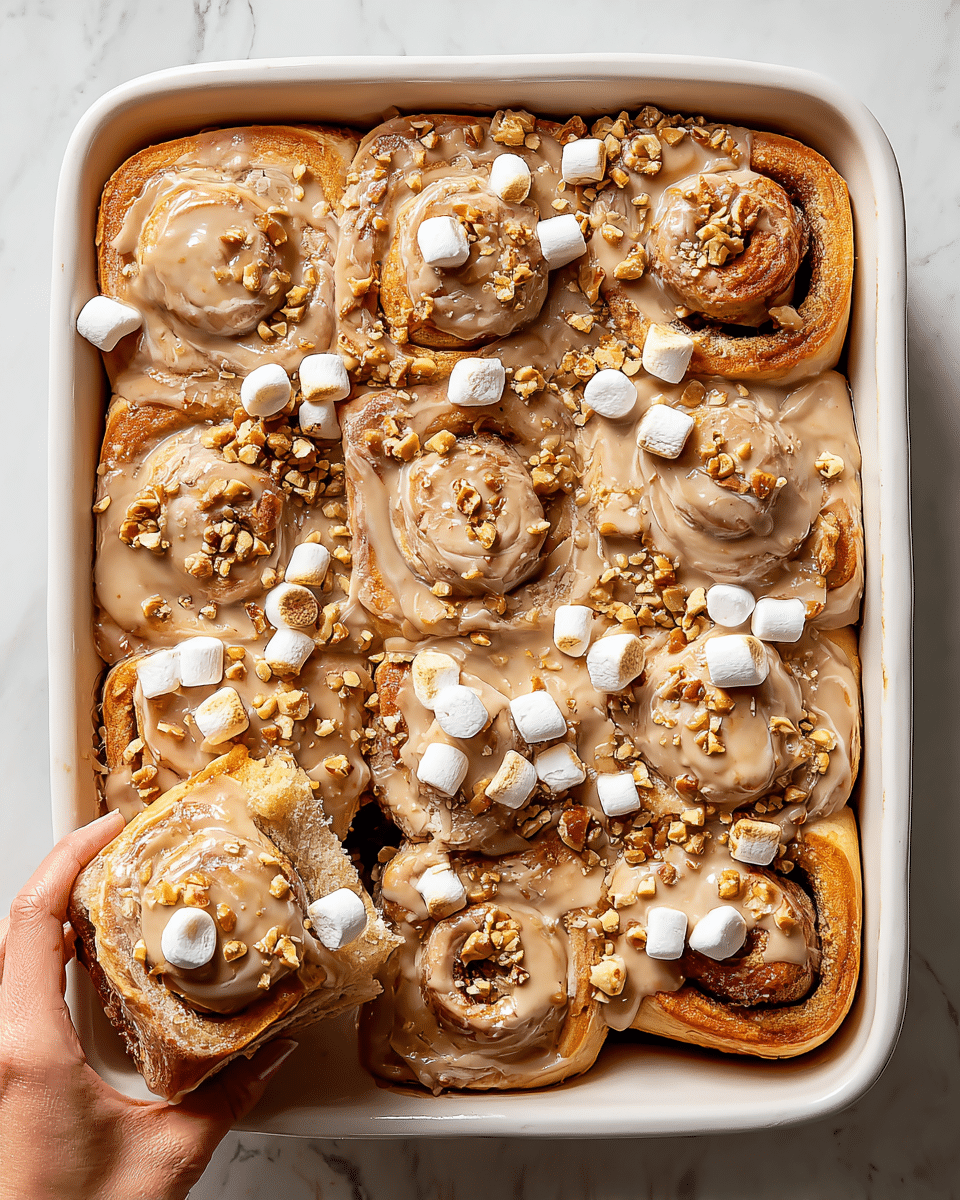 The image shows a white rectangular baking dish filled with nine cinnamon rolls. Each roll has a thick, light brown glaze spread unevenly on top, with toasted mini marshmallows scattered over all the rolls, some browned to a golden color. The rolls have a soft, fluffy texture with visible cinnamon swirls. There are small chopped nuts sprinkled over the glaze and rolls, adding a slightly rough texture. A woman's hand is pulling one cinnamon roll from the bottom right corner, showing the soft layers inside with more glaze and marshmallows on top. The dish is placed on a white marbled surface. photo taken with an iphone --ar 4:5 --v 7