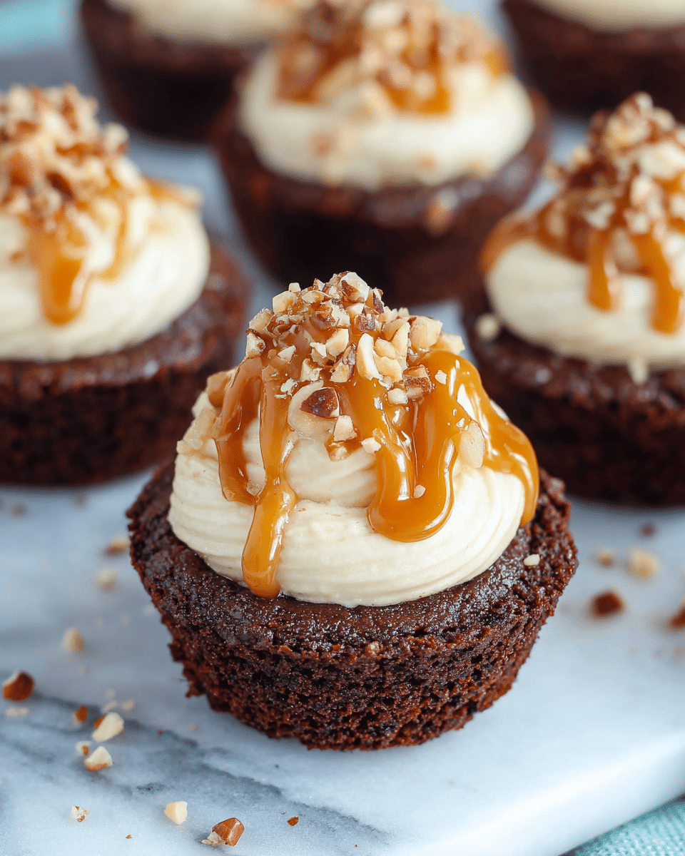The image shows chocolate cupcakes with three layers: a thick, dark brown chocolate base, a swirl of light cream-colored frosting on top, and a drizzle of golden caramel sauce over the frosting. Small pieces of chopped nuts are sprinkled on top of the caramel, adding a textured look. The cupcakes are placed on a white marbled surface, and the image focuses on one cupcake in the front with others blurred in the background. photo taken with an iphone --ar 4:5 --v 7