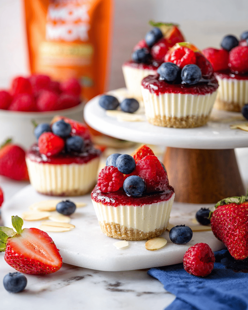 The image shows several small cheesecake cups, each with three layers: a light golden crust base, a thick cream-colored cheesecake middle, and a smooth deep red fruit topping on top. Each cheesecake cup is decorated with fresh fruit—one large bright red strawberry, two or three dark blue blueberries, and one bright red raspberry, all placed neatly on the red layer. The cheesecakes sit closely together on a white plate on a white marbled surface, with some extra strawberries, blueberries, raspberries, and a few almond slices scattered around for decoration. The focus is mainly on the front cheesecakes with a soft blur on the ones in the background, photo taken with an iphone --ar 4:5 --v 7