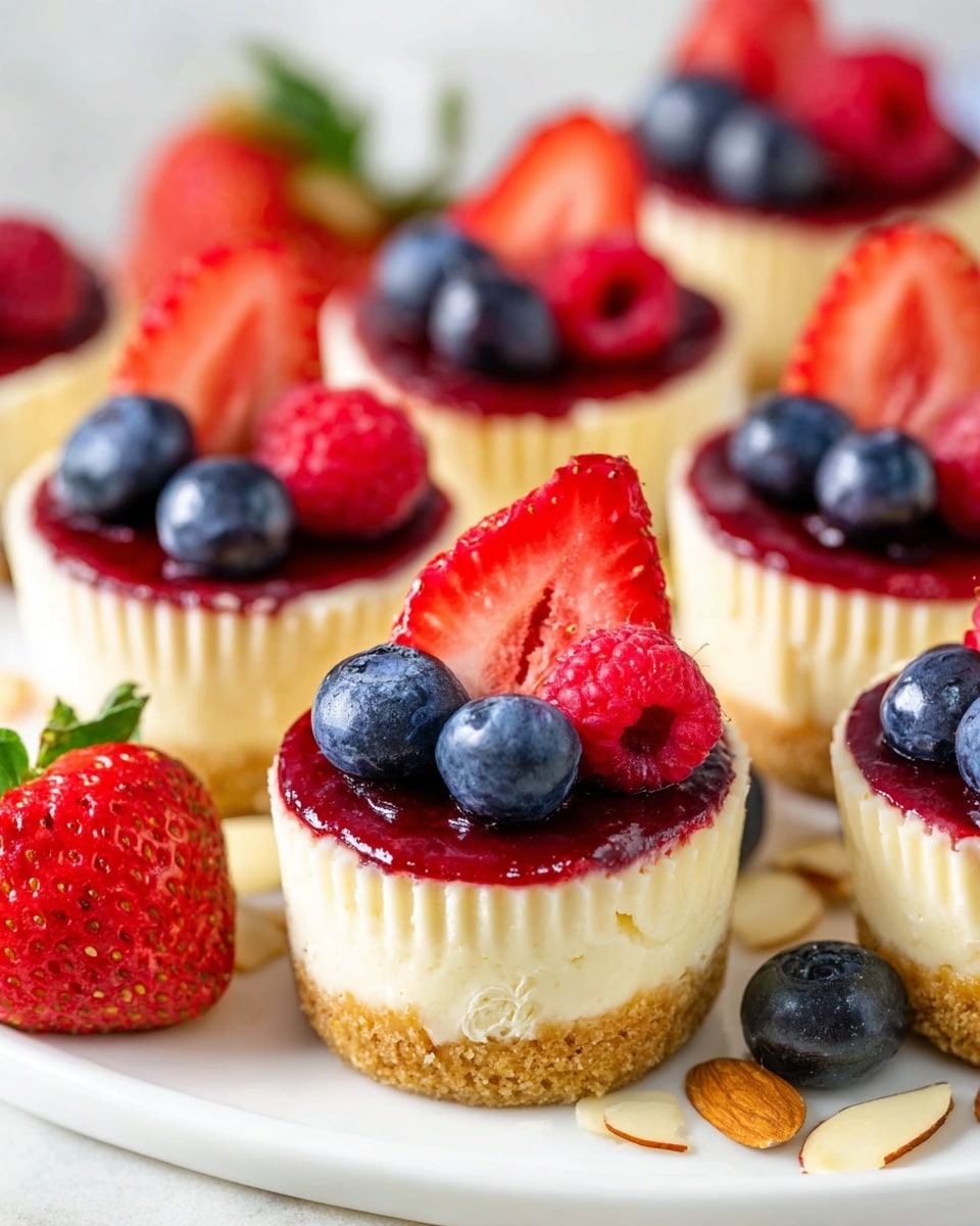 The image shows small cheesecake cupcakes with three layers: a light tan crumb base, a thick creamy white cheesecake middle layer, and a glossy red berry topping. Each cupcake is topped with fresh berries, including red strawberries, raspberries, and dark blue blueberries that add bright color and texture. The cupcakes sit on a white marble surface, some on a white cake stand with a wooden base, surrounded by scattered berries, almond slices, and a blue napkin. In the background, there is a blurred orange bag and bowls of fresh raspberries and blueberries. photo taken with an iphone --ar 4:5 --v 7
