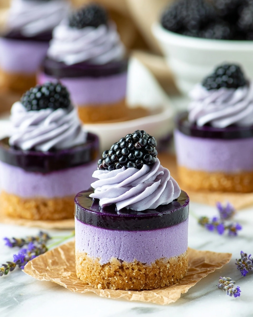 The image shows four small cupcakes on a white marbled surface with square pieces of light brown paper under each one. Each cupcake has three visible layers: a crumbly golden brown base, a thick purple middle layer with a smooth texture, and a glossy dark purple topping that looks like jelly or sauce. On top of this dark layer is a swirl of light purple whipped cream, and each cupcake is crowned with a single shiny black blackberry. There are a few loose blackberries scattered around the cupcakes, adding contrast to the scene. Photo taken with an iphone --ar 4:5 --v 7