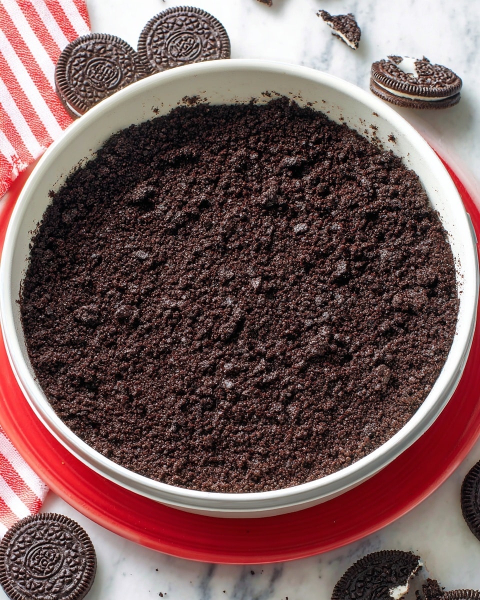 A close-up of a single-layer dessert crust made from crushed dark chocolate cookies tightly packed inside a white springform pan with a red outer edge, sitting on a white plate. The crust has a rough, crumbly texture and is evenly spread across the base, showing small clumps of cookie pieces. Around the pan on a white marbled surface, some whole and broken chocolate sandwich cookies with white cream filling are scattered casually. Photo taken with an iphone --ar 4:5 --v 7