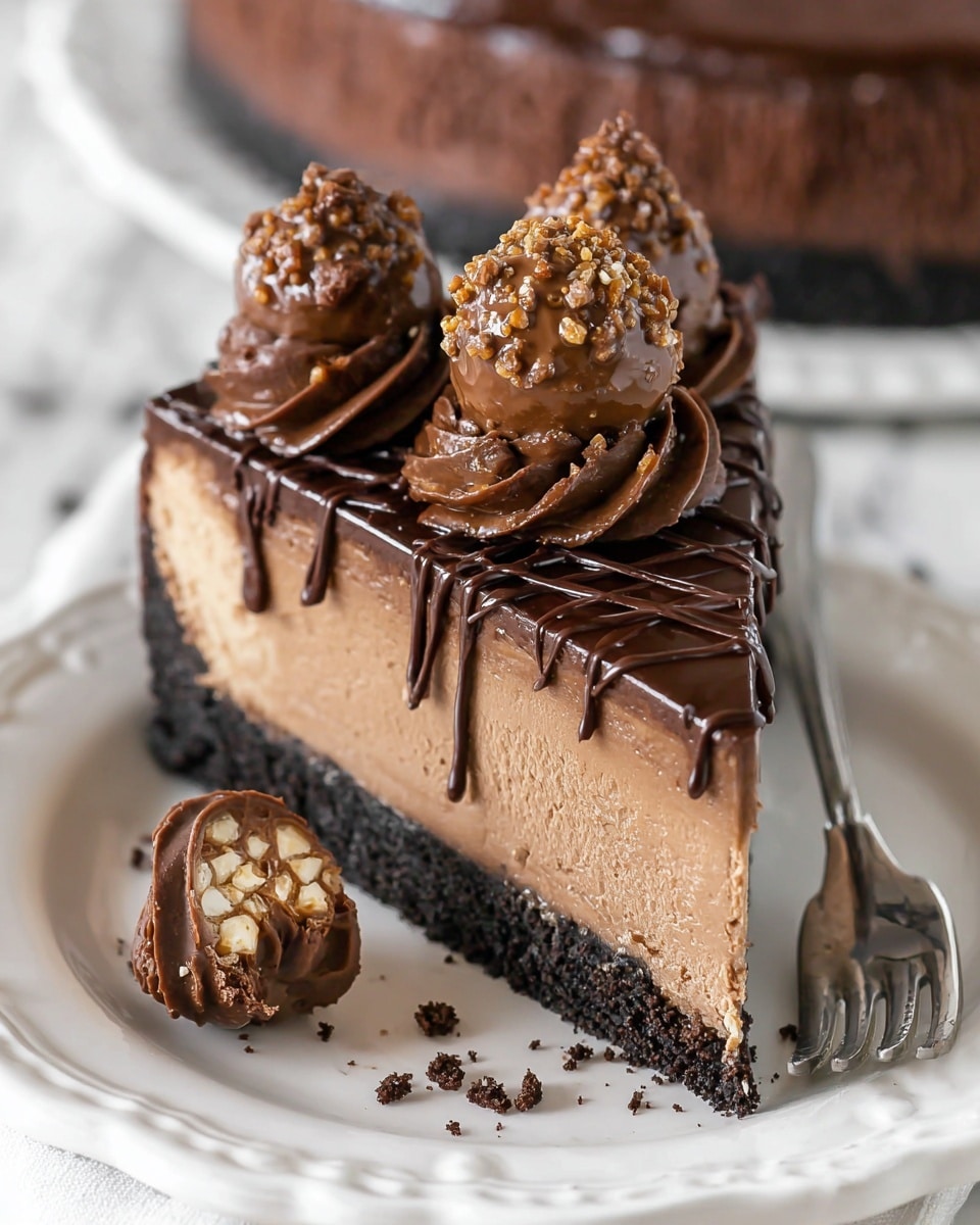 A slice of rich chocolate cheesecake sits on a white plate with decorative edges, placed on a white marbled surface. The bottom layer is a dark black cookie crumb crust, topped by a thick, smooth milk chocolate cheesecake layer with a creamy texture. Above this is a shiny dark chocolate ganache layer, thin but glossy, drizzled with a fine lattice of chocolate sauce. On top, two swirls of light but dense chocolate mousse decorate the back edge of the slice, each crowned with a round milk chocolate truffle covered in small crunchy bits. Chocolate crumbs are scattered lightly around the base of the slice, and a partially cut truffle lies near the front. A silver fork rests on the right side of the plate. Photo taken with an iphone --ar 4:5 --v 7