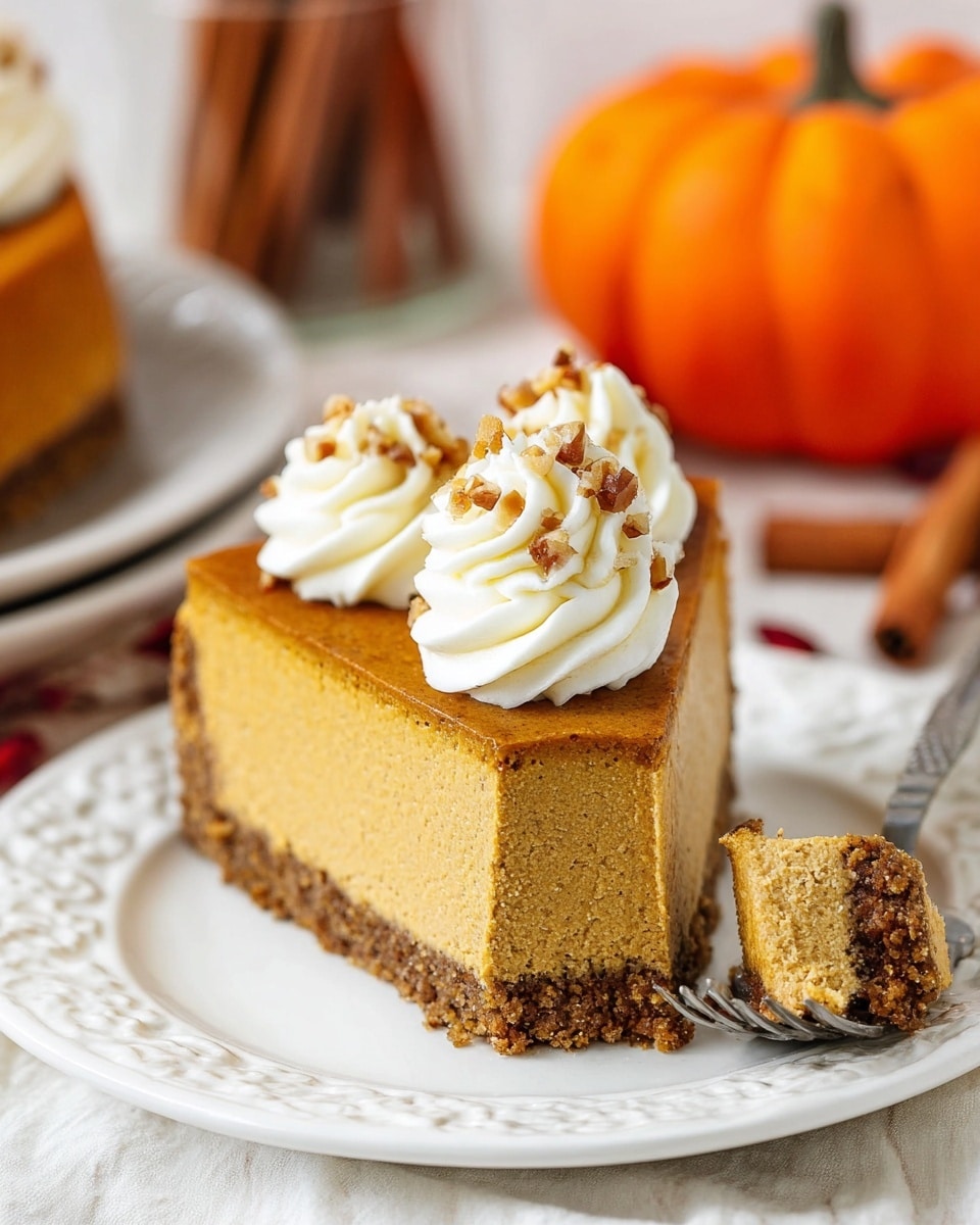 A slice of pumpkin cheesecake on a white decorative plate with a crumbly light brown crust layer at the bottom and a thick orange pumpkin filling layer above it, topped with two swirls of white whipped cream sprinkled with chopped nuts, small pieces of nuts are scattered on the plate nearby. The background shows blurred small pumpkins and cinnamon sticks on a white marbled surface, with a silver fork resting on the plate. Photo taken with an iphone --ar 4:5 --v 7