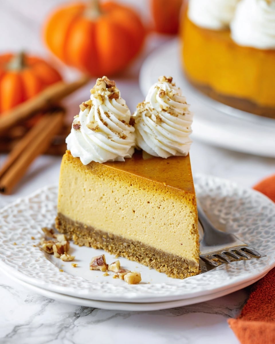 A slice of pumpkin cheesecake sits on a white decorative plate with a white marbled texture underneath. The dessert has three layers: a crumbly brown crust at the bottom, a thick smooth orange-brown cheesecake layer in the middle, and two swirled dollops of white whipped cream on top, each sprinkled with small pieces of chopped nuts. Next to the slice, a fork holds a smaller piece of the cheesecake. In the blurred background, an orange pumpkin and a jar with cinnamon sticks are visible. Photo taken with an iphone --ar 4:5 --v 7