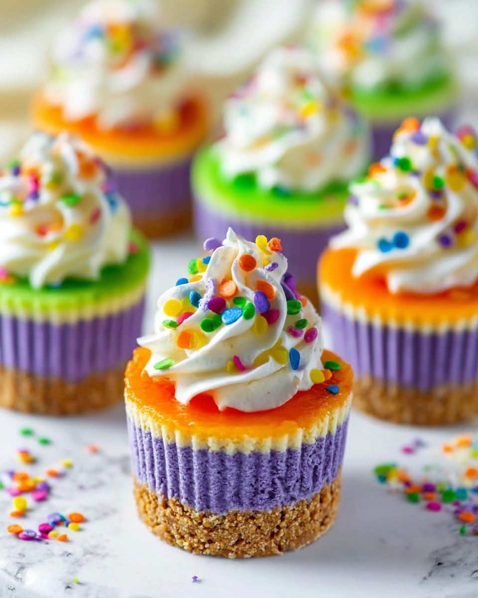 The image shows a set of colorful mini cheesecakes with three distinct layers: a light brown crumbly base at the bottom, a thick purple middle layer, and a thinner bright green top layer. Each cheesecake is topped with an orange jelly layer, a tall swirl of white whipped cream, and colorful round sprinkles scattered on the cream and around the cakes. The cheesecakes are in white paper cups and arranged on a white marbled surface with some sprinkles scattered nearby. One cheesecake in the front is in sharp focus, while the rest blur softly in the background, creating a bright and cheerful atmosphere. Photo taken with an iphone --ar 4:5 --v 7