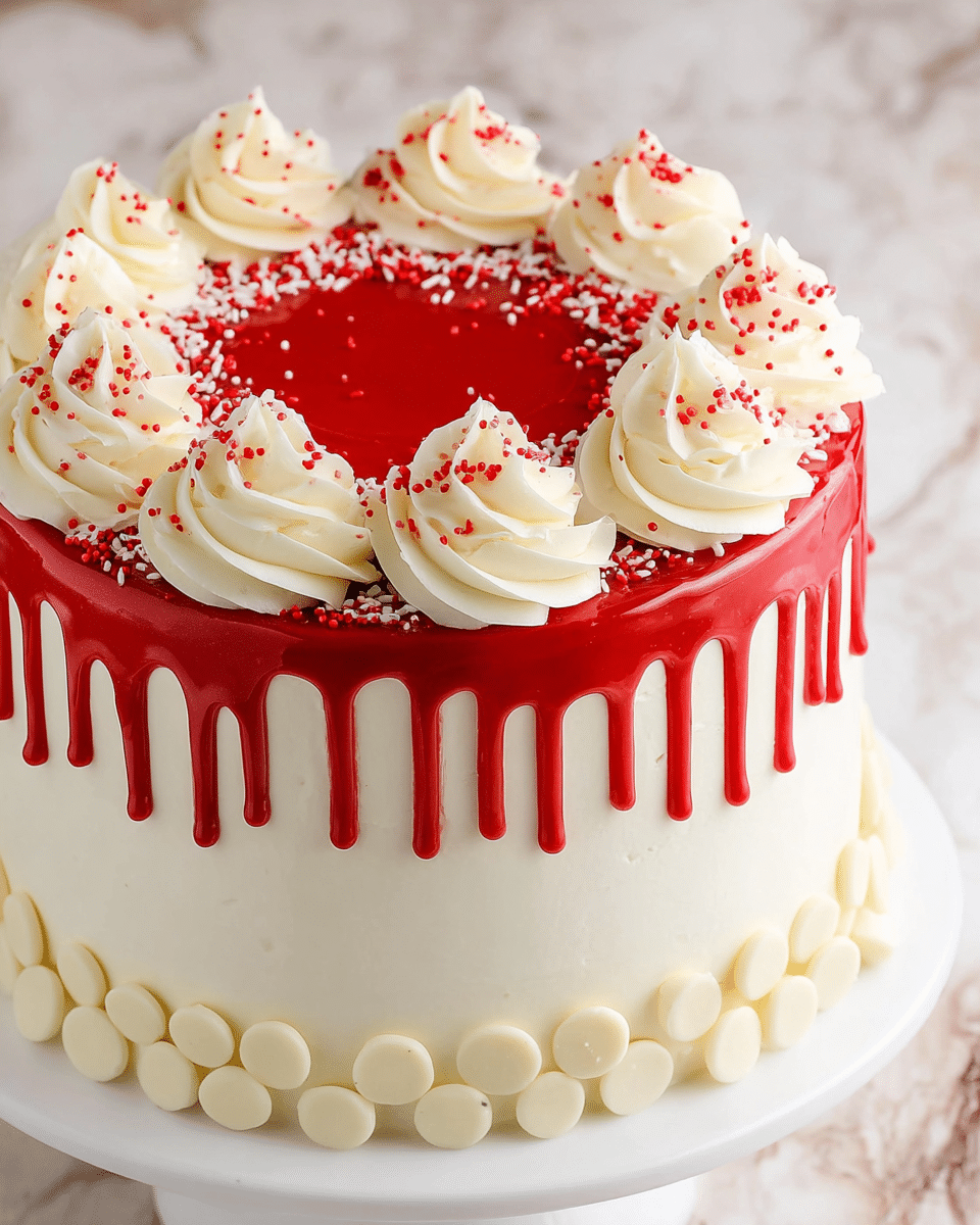 A two-layer cake with smooth white frosting covers the sides and top. Around the base, a thick border of white chocolate chips is neatly placed. The top edge has a shiny red drip glaze, with drops hanging evenly around the sides. The center top is filled with a glossy red layer, decorated with small white and red sprinkles. On top of this red layer, there are evenly spaced swirls of creamy white frosting, each topped with tiny red sprinkles. The cake sits on a white plate over a white marbled surface. Photo taken with an iphone --ar 4:5 --v 7