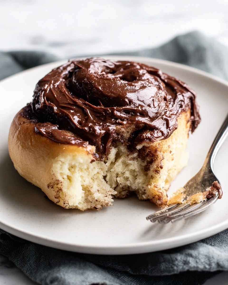 A single cinnamon roll sits on a white plate with a small silver fork to the right. The roll has a soft, fluffy texture with a golden-brown base, and it is topped with a thick layer of dark, glossy chocolate frosting that looks smooth and rich, slightly melting over the sides. Part of the roll has been torn to show the airy inside and the swirls of cinnamon within. The plate rests on a folded gray cloth against a white marbled background. photo taken with an iphone --ar 4:5 --v 7