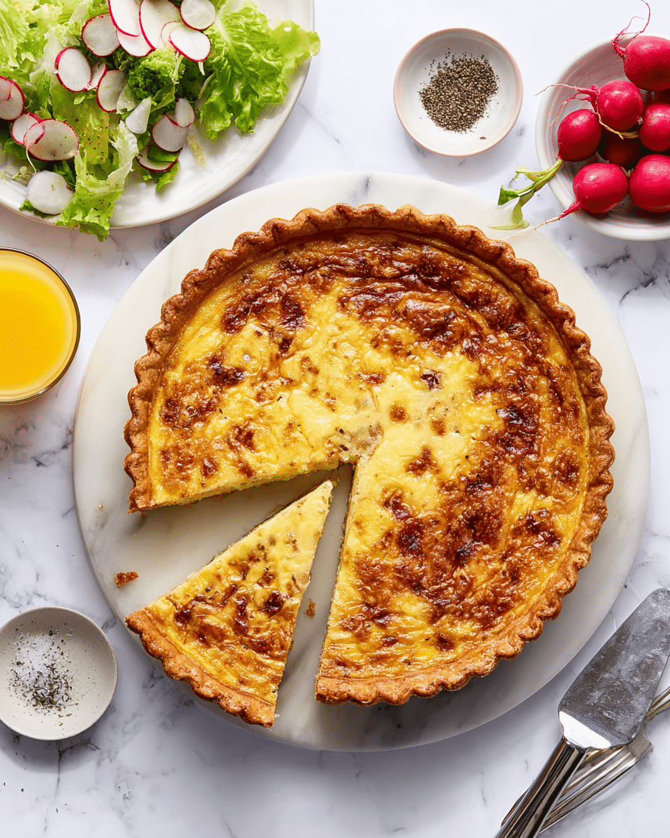 A golden-brown quiche with a flaky crust sits on a round white marble board, with one wedge-shaped slice cut and slightly pulled out to reveal its soft, creamy, and cheesy interior that is speckled with browned spots and darker bits throughout. Around the quiche, there are small white bowls containing black pepper and salt, a white plate holding crisp green lettuce leaves topped with thin pink and white radish slices, and a small white bowl filled with whole red radishes. A silver pie server lies beside the marble board, and a glass of orange juice is partially visible on the white marbled surface. photo taken with an iphone --ar 4:5 --v 7