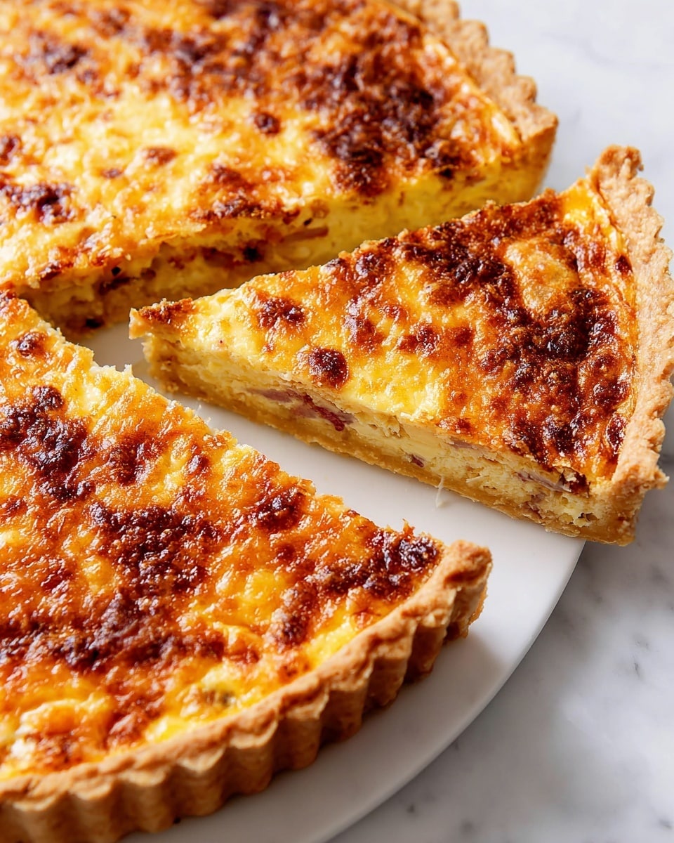 A close-up of a three-layer quiche on a white plate, resting on a white marbled surface. The first layer is a thick, golden-brown crust with a fluted edge, which is firm and slightly crumbly. The second layer is a rich filling with bits of ham or bacon, slightly visible under the top. The top layer is a bubbly, browned cheese with a mix of yellow and golden orange hues, showing an uneven, crispy texture on the surface. One slice is slightly lifted away from the main quiche, showing the thickness and texture of each layer clearly. photo taken with an iphone --ar 4:5 --v 7