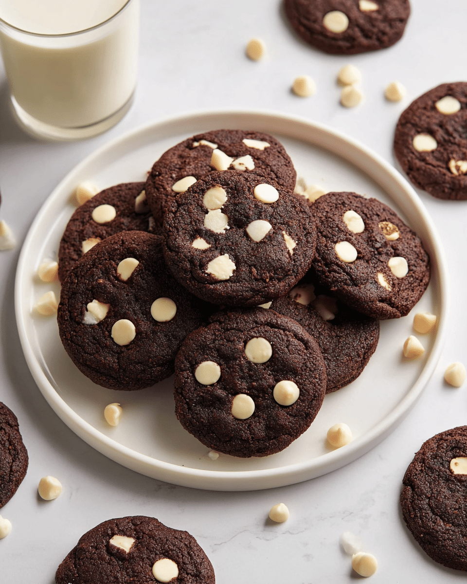 A white plate holds a pile of round chocolate cookies with a dark brown, almost black, rich texture, each cookie scattered with several creamy white chocolate chips on top. The cookies have a slightly cracked surface showing their softness inside. Around the plate, more cookies are spread on a white marbled texture, some whole and some overlapping slightly. White chocolate chips are scattered loosely around the cookies and plate, adding small pops of light color. In the upper left corner, a glass filled with creamy white milk is partially visible, complementing the dark cookies. photo taken with an iphone --ar 4:5 --v 7
