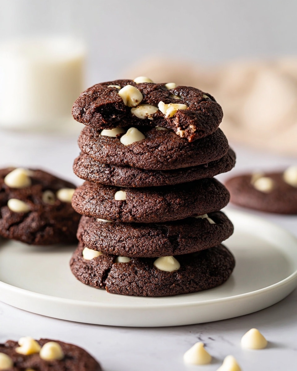 A stack of six dark brown chocolate cookies with white chips is placed on a white plate, each cookie dense and soft with visible white chips embedded on the top surface, the top cookie has a bite taken out revealing a moist inside with white chip pieces, scattered white chips and an extra cookie rest nearby on a white marbled surface, a blurred glass of milk is in the background. photo taken with an iphone --ar 4:5 --v 7