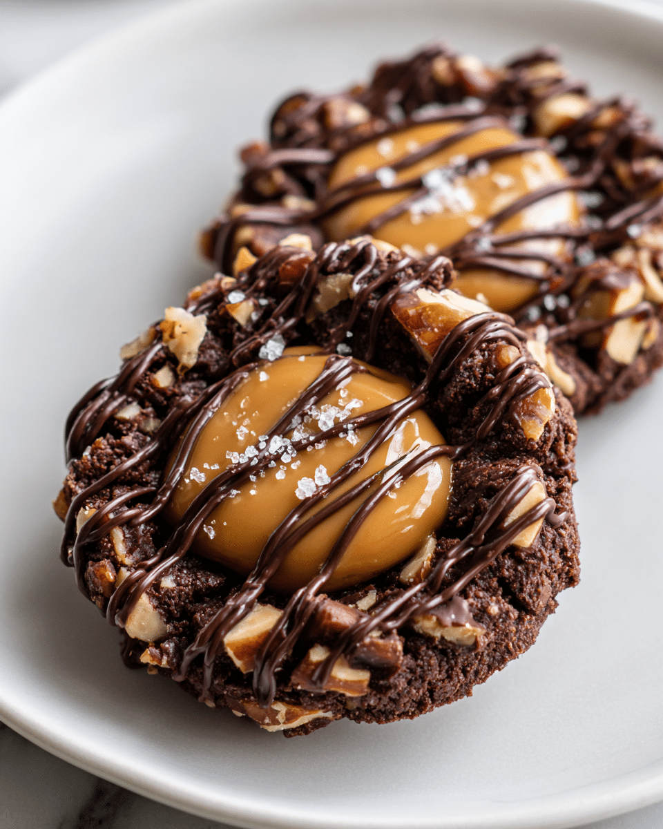 Two round chocolate cookies are placed close to each other on a white plate over a white marbled surface. Each cookie has three layers: the base is dark brown and rough with chopped nuts pressed onto the edges; the middle layer is smooth and caramel-colored, placed in a dollop shape in the center; and the top is decorated with thin, dark brown chocolate drizzles across the caramel. Small white flakes, possibly salt, are sprinkled over the caramel layer. photo taken with an iphone --ar 4:5 --v 7