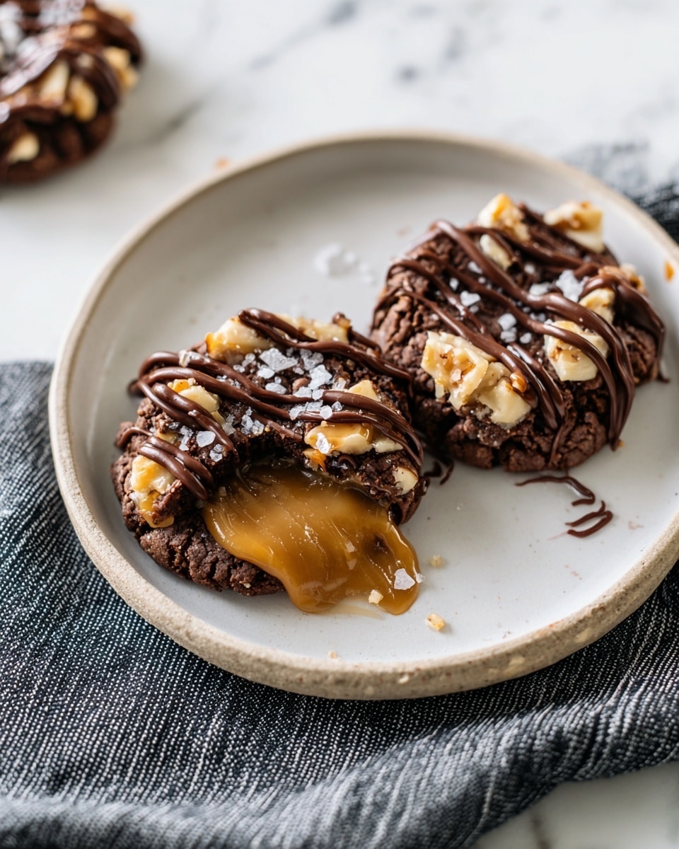 Two round, thick chocolate cookies sit on a white plate with a slightly rough texture, placed on a white marbled surface with a dark gray striped cloth nearby. Each cookie has three clear layers: the bottom is a dark brown chocolate cookie base studded with chopped nuts, the middle is a glossy, golden caramel layer that stretches between a broken cookie, and the top is a drizzle of dark chocolate with small sea salt flakes scattered over the caramel. The cookies have chunky nut pieces visible on the sides, adding texture and contrast. Photo taken with an iphone --ar 4:5 --v 7