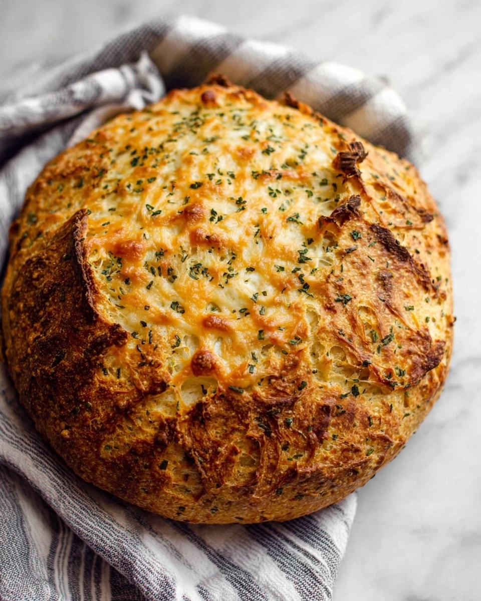 A round loaf of bread with a golden brown crust topped with melted cheese and small green herb bits scattered all over. The bread has a rough, cracked texture with visible air holes beneath the cheese layer. It sits on a white marbled surface with a striped cloth partially under it, adding a cozy, homemade feel. photo taken with an iphone --ar 4:5 --v 7