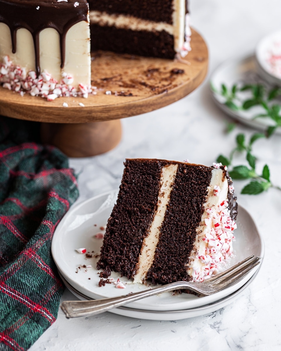 A slice of two-layer dark chocolate cake sits on a white plate with a silver fork resting beside it. The cake has thick, light cream-colored frosting between the moist chocolate layers and on the outside edges. The top layer is covered with a dark chocolate glaze dripping slightly over the side, decorated with small pieces of crushed red and white peppermint candy on one side. In the background, the rest of the cake stands on a wooden cake stand with crumbs and more peppermint pieces scattered around. Green leaves and a dark green and red plaid cloth napkin lie nearby on a white marbled surface. photo taken with an iphone --ar 4:5 --v 7