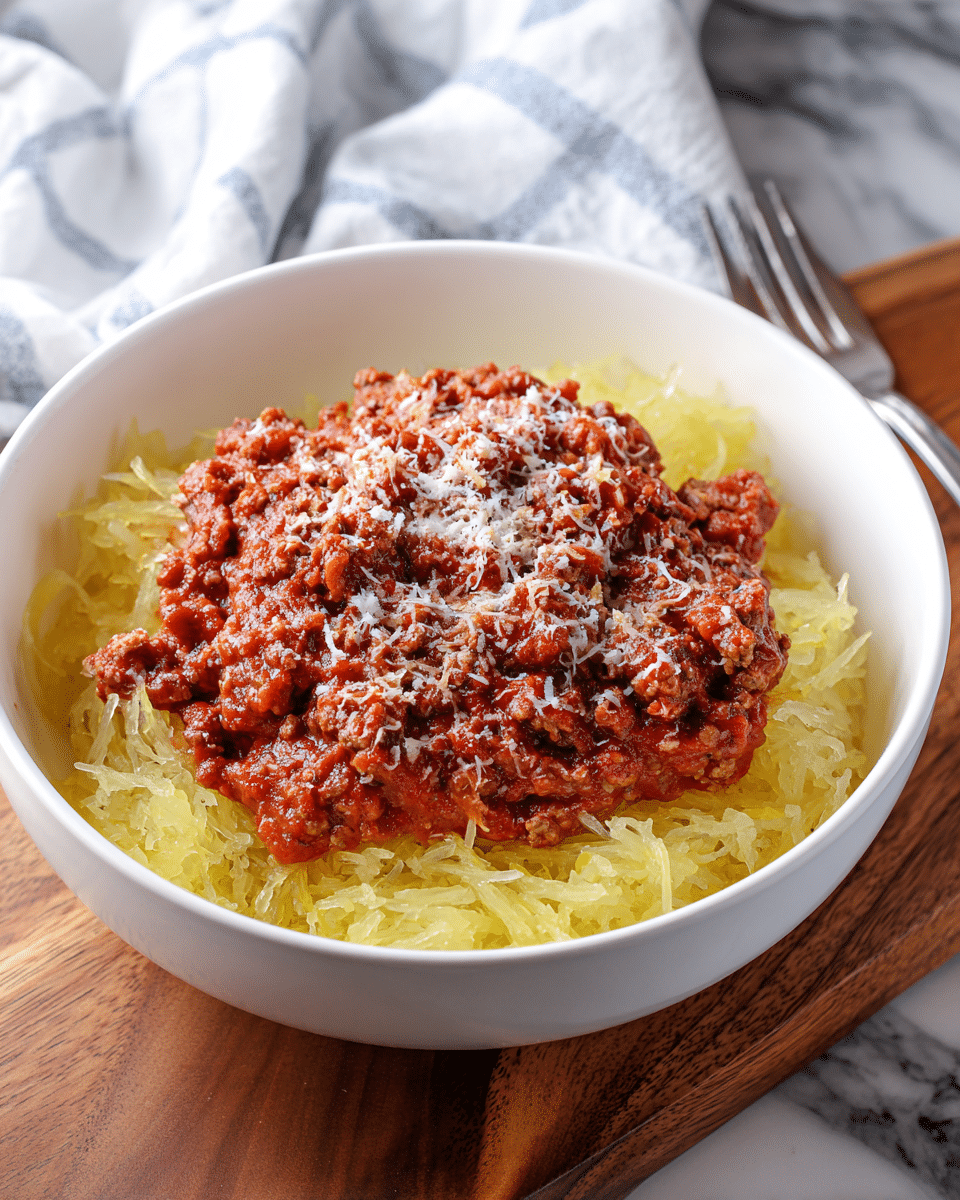 A white bowl filled with a base layer of cooked spaghetti squash strands that are pale yellow with a soft, stringy texture. On top, there is a thick layer of rich red tomato meat sauce mixed with small ground meat chunks giving a chunky and saucy appearance. The dish is finished with a sprinkling of finely grated white cheese, adding a light, powdery texture over the sauce. The bowl is set on a wooden board with a white marbled surface underneath and a white and blue cloth softly folded in the background. photo taken with an iphone --ar 4:5 --v 7