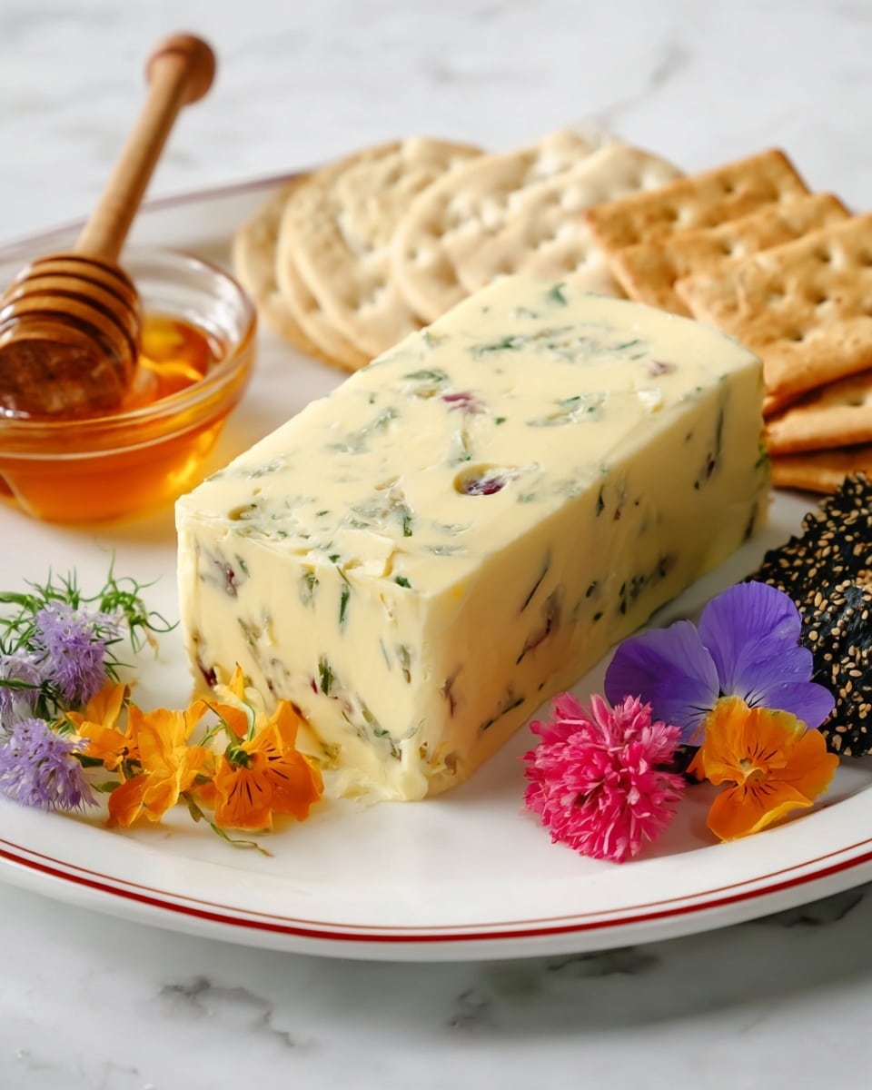 A rectangular block of pale yellow herbed butter with visible green and purple specks sits center on a white plate with two thin red lines near the edge; behind it are three groups of crackers: light beige square crackers with perforations, round light beige plain crackers, and irregularly shaped golden-brown crackers. To the right of the butter are four multicolored edible flowers—orange, pink, purple, and yellow—nestled next to two black sesame seed crackers. On the left side of the plate, there is a small glass bowl filled with honey and a wooden honey dipper resting in it. The plate is placed on a white marbled surface. Photo taken with an iphone --ar 4:5 --v 7