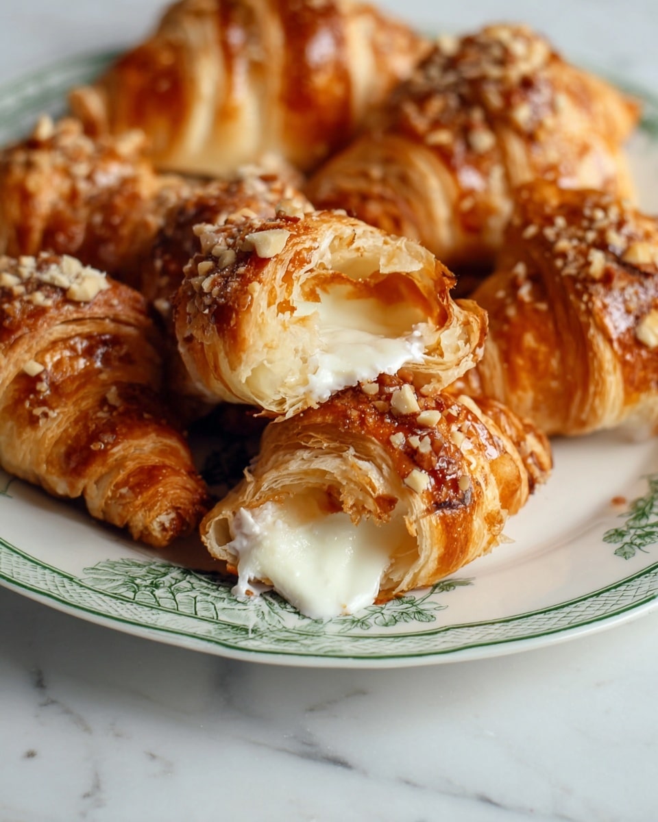 The image shows a close-up of several golden-brown croissants arranged on a white plate with a green floral pattern. Each croissant is flaky and layered, with some topped with chopped nuts and a shiny caramelized glaze. One croissant in the foreground is broken open, revealing a creamy, white filling that is oozing out, adding a smooth and rich texture contrast to the crispy pastry. The plate sits on a white marbled surface, enhancing the warm tones of the croissants. photo taken with an iphone --ar 4:5 --v 7