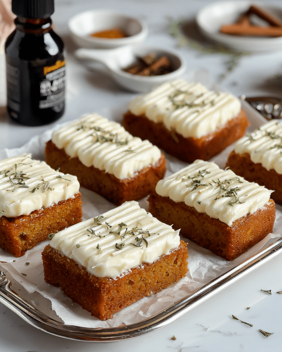 This image shows six small rectangular golden brown cake slices arranged on white parchment paper on a shiny silver tray. Each cake slice has a smooth, thick layer of white cream piped in parallel rows on top, garnished with light green dried herb flakes. The cake texture looks moist and dense with a slight caramelized edge. In the background, there is a dark vanilla extract bottle and some white ceramic dishes with additional spices or ingredients, all set on a white marbled surface. photo taken with an iphone --ar 4:5 --v 7
