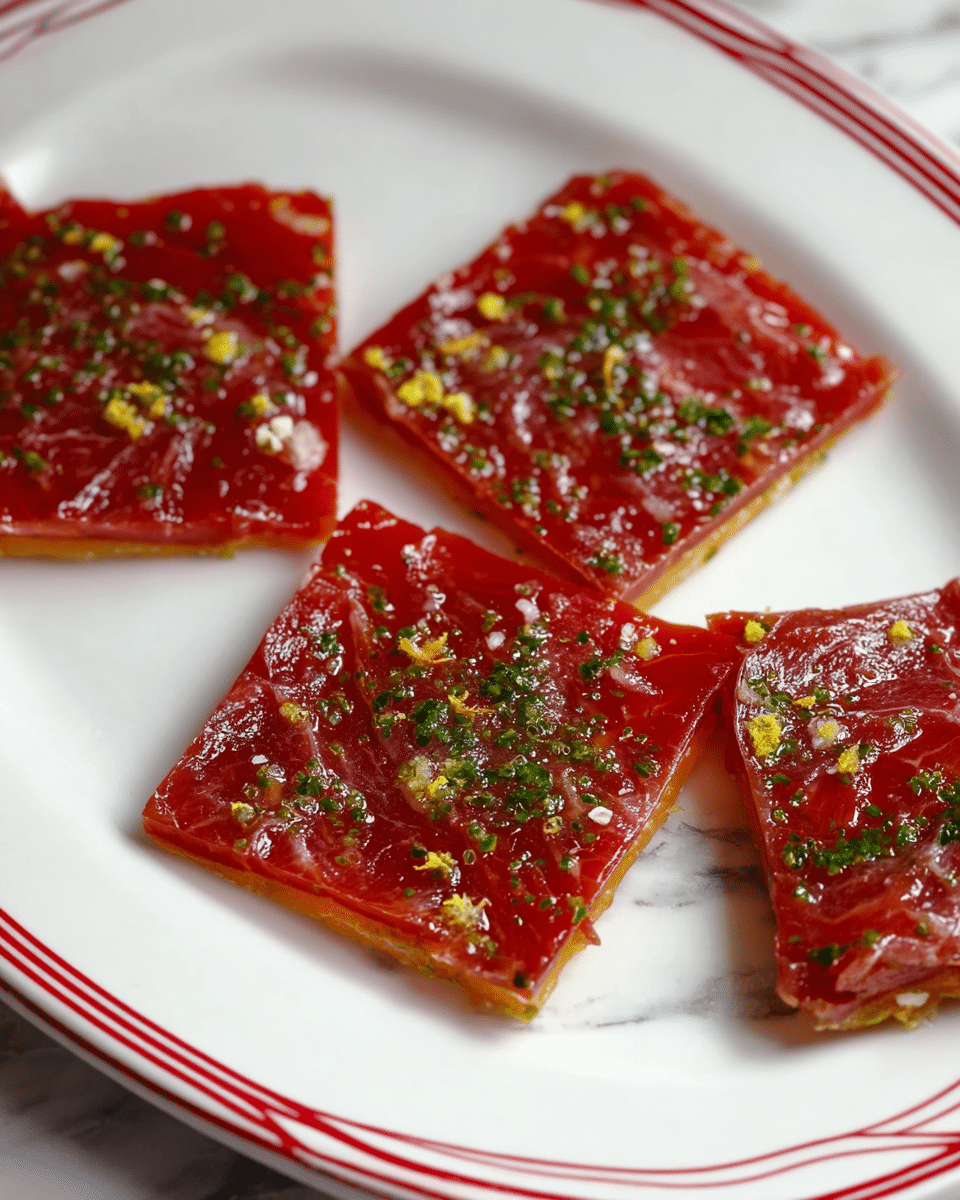 The image shows four small square pieces of food placed on a white plate with red stripes near the edge. Each piece has a thin, orange base layer, topped with a thin layer of glossy, deep red slices that look like raw meat. The red layer is sprinkled with finely chopped green herbs and small yellow zest bits. The layers are flat, moist, and slightly shiny, with the toppings evenly spread but not covering the edges completely. The plate is set on a white marbled surface. photo taken with an iphone --ar 4:5 --v 7