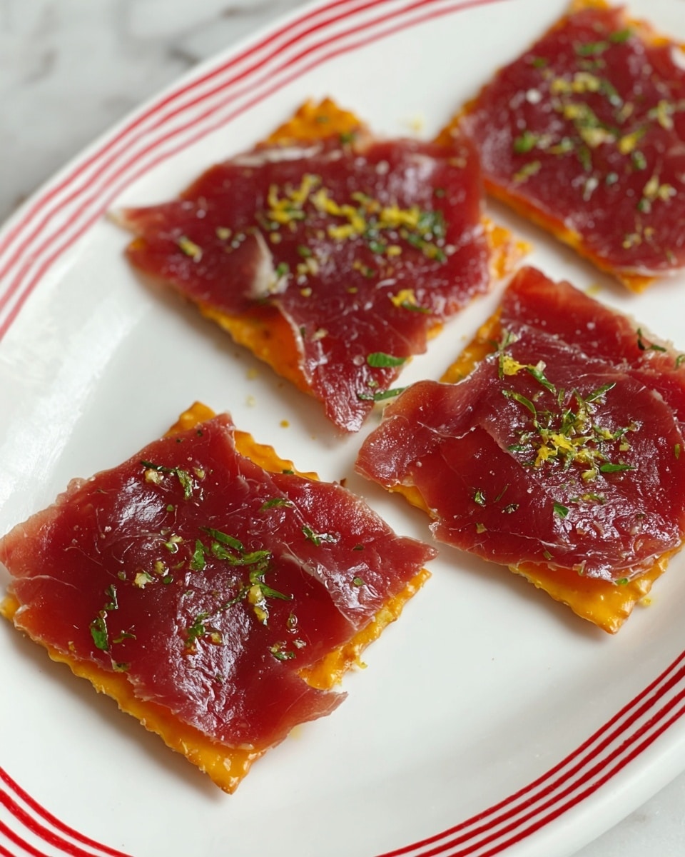 The image shows four square-shaped food pieces placed on a white plate with red stripes along the edge, set on a white marbled texture surface. Each piece has two layers: the base layer is a bright orange, smooth and slightly shiny cracker or crispbread, while the top layer consists of thin, glossy slices of deep red cured meat evenly covering the base. Small green herbs are sprinkled over the top, along with tiny bits of light yellow zest, and there is a light drizzle of oil giving a slight shine. The arrangement is simple with pieces close to each other, and the texture contrast between the crisp base and tender meat is visible. Photo taken with an iphone --ar 4:5 --v 7
