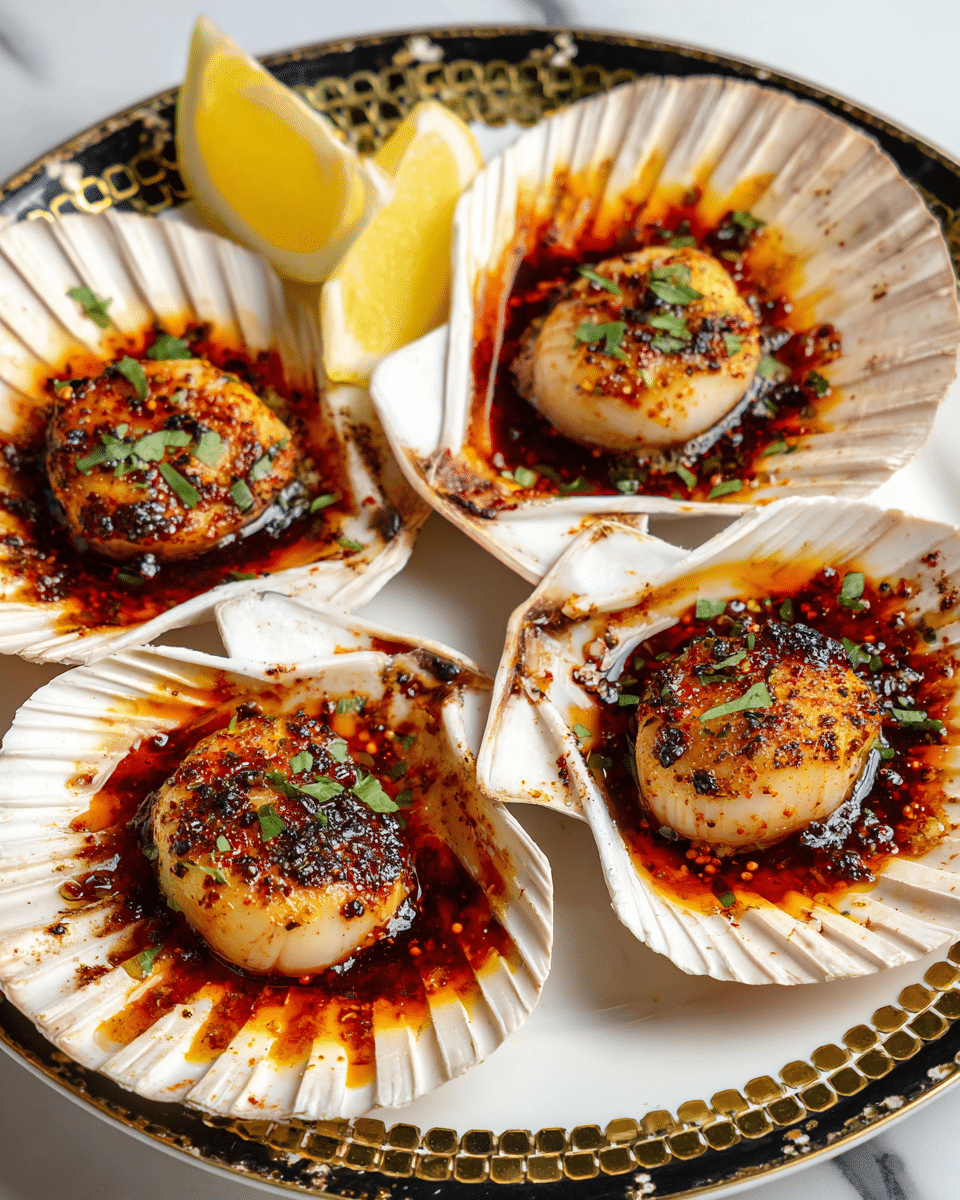 This image shows five cooked scallops, each resting in a natural, off-white scallop shell. Each scallop is topped with finely chopped green herbs and sits in a pool of dark reddish-brown sauce with a slightly oily texture and small blackened spice bits. The shells are arranged on a round white plate with a hexagonal black and gold patterned rim, centered around three lemon wedges that add a bright yellow color contrast. The background has a white marbled texture. photo taken with an iphone --ar 4:5 --v 7