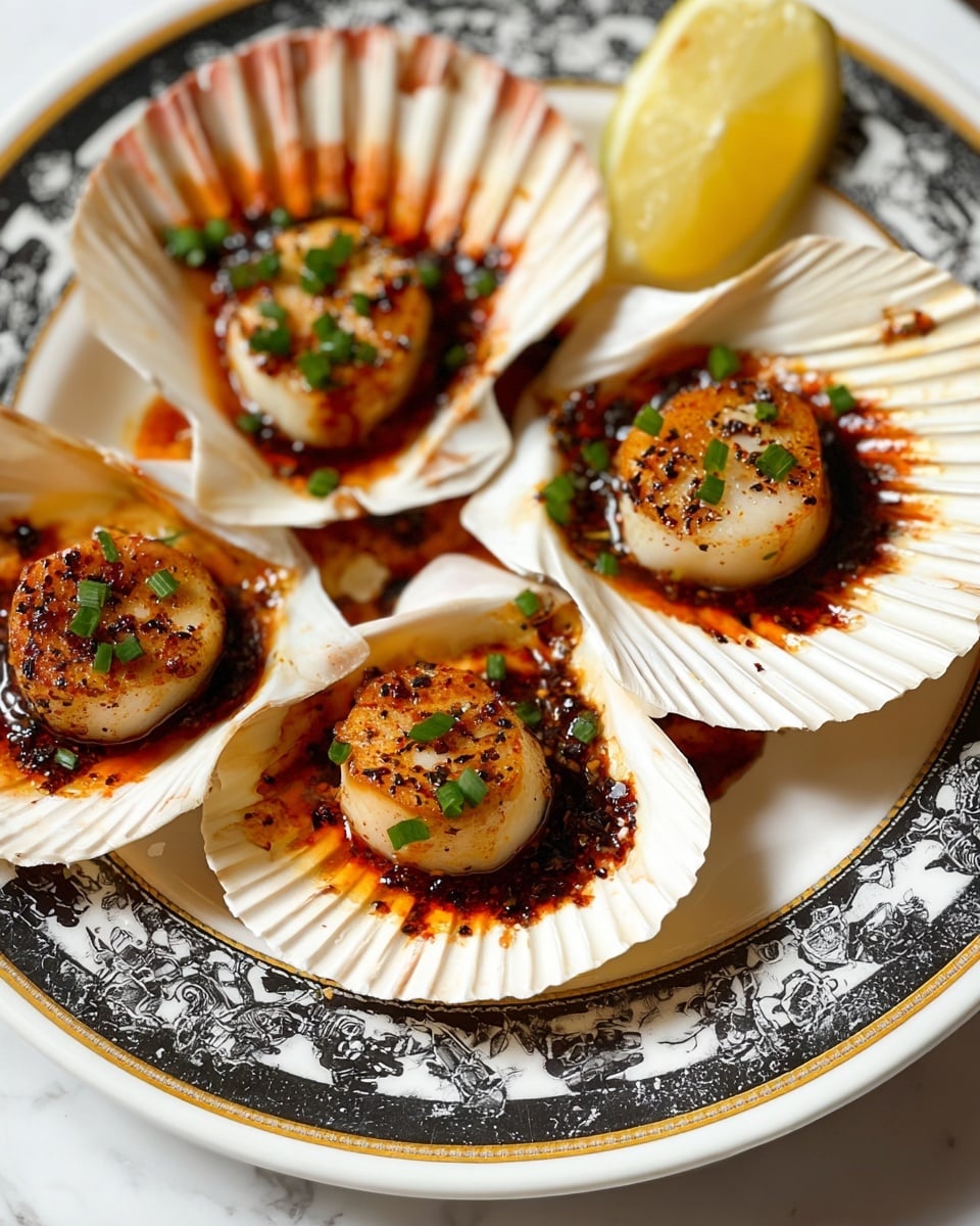 The image shows a white plate with a detailed black and gold patterned rim, holding several scallop shells each containing a single seared scallop. Each scallop is placed in the center of its shell, topped with small green chopped herbs, and surrounded by a dark reddish-brown sauce with visible black pepper specks. The shells are light beige with a natural textured surface, and a couple of lemon wedges with pale yellow flesh rest on the plate near the scallops. This is all set against a white marbled texture background. photo taken with an iphone --ar 4:5 --v 7