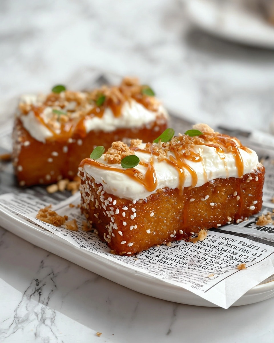 The image shows two rectangular pieces of golden-brown fried dessert, each topped with a thick layer of smooth white cream. On top of the cream, there is a drizzle of shiny caramel with small crunchy bits and a few small green herb leaves as garnish. The sides of the fried pieces are speckled with white sesame seeds, and they rest on a piece of newspaper-like paper on a white plate with a glossy finish. The background features a white marbled texture. photo taken with an iphone --ar 4:5 --v 7