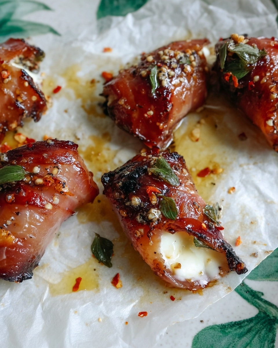 The image shows several small grilled pieces wrapped in reddish-brown ham with charred and shiny textures on the outside. Each piece has a creamy white cheese filling visible, with some melted cheese oozing out slightly. The ham is garnished with small green leaves scattered on top and red chili flakes. The pieces rest on white crinkled paper over a white plate with a green leafy pattern visible at the edge, and a bit of golden oil and seasoning is spread around. The background has a white marbled texture. photo taken with an iphone --ar 4:5 --v 7