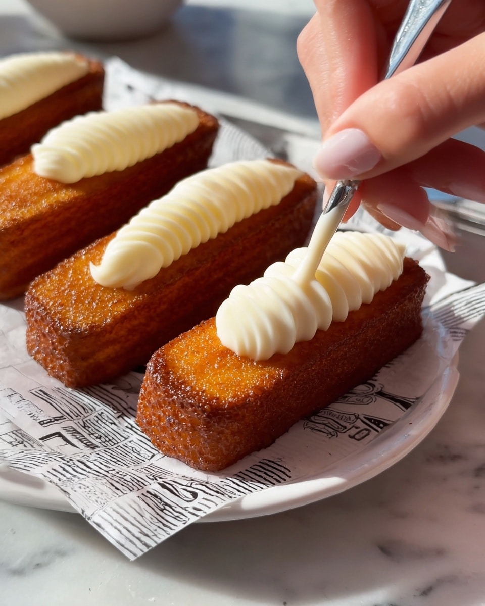 A white metal plate holds four golden brown rectangular fried cakes with a crispy texture on the outside. They rest on a sheet of black and white printed paper. A woman's hand is gently holding one cake steady while piping smooth, white cream in thick, even zigzag lines across the top of the cake. The background is a white marbled surface with soft natural light highlighting the texture of the cakes and cream. photo taken with an iphone --ar 4:5 --v 7