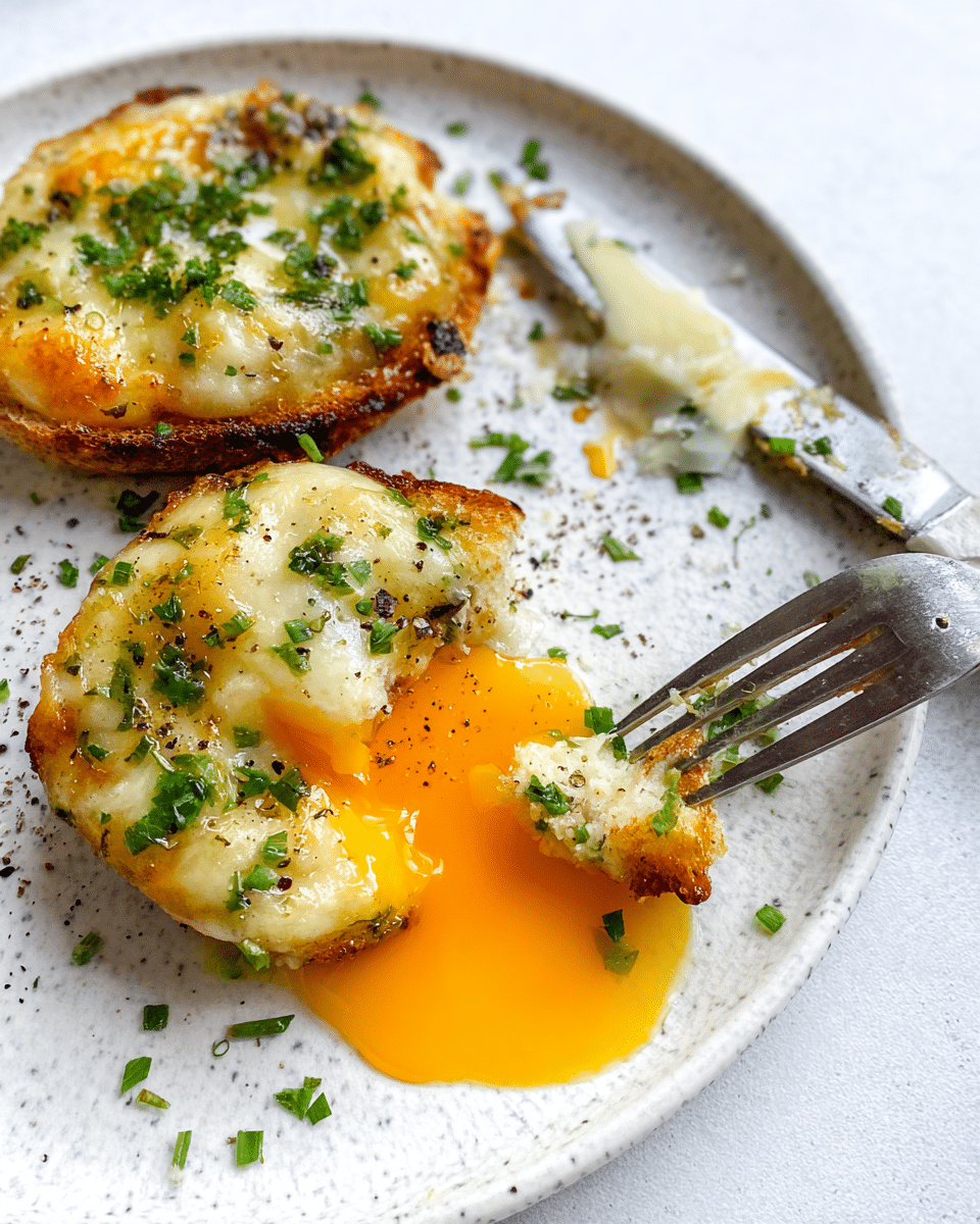 Two pieces of golden-brown toasted rounds each topped with a melted creamy, slightly browned layer of cheese mixed with finely chopped green herbs. The piece in the foreground has a soft, runny bright orange egg yolk oozing onto the white plate with a white marbled texture, with a small fork holding a bite-sized portion of the toast. A knife with some melted yolk and herbs rests near the top right. Cracked black pepper and scattered chopped green herbs sprinkle the plate. Photo taken with an iphone --ar 4:5 --v 7
