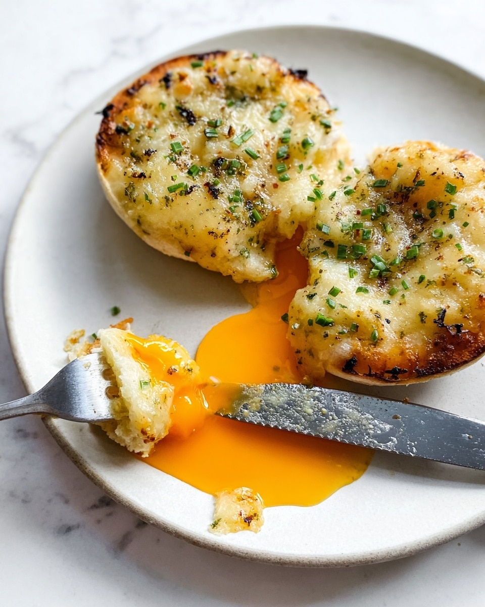 On a white plate sits two round English muffins toasted to a golden brown base, each topped with a thick melting layer of creamy, slightly browned cheese mixed with finely chopped green herbs, sprinkled with black pepper and more small green herb pieces. One muffin is whole, and the other has a bite taken out, revealing a rich, runny, orange egg yolk pooling beneath it, with a fork holding a small cheesed muffin piece dipped in the yolk. A serrated knife with traces of egg yolk and herbs rests beside the muffins on the plate. The whole scene is set against a white marbled surface. photo taken with an iphone --ar 4:5 --v 7