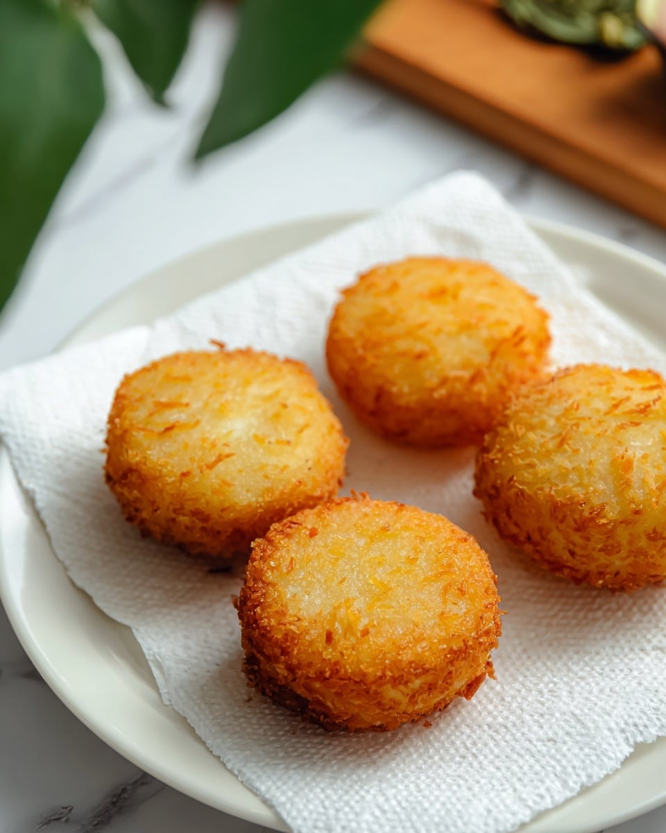 The image shows four golden brown, round fried cakes resting on a white paper towel that lines a white plate. Each cake has a crispy, crunchy texture on the outside with a slightly rough surface and light golden color, showing a delicate crispness. The cakes are evenly spaced on the plate, which sits on a white marbled texture. In the background, there is a blurred view of green leaves and a wooden board. Photo taken with an iphone --ar 4:5 --v 7