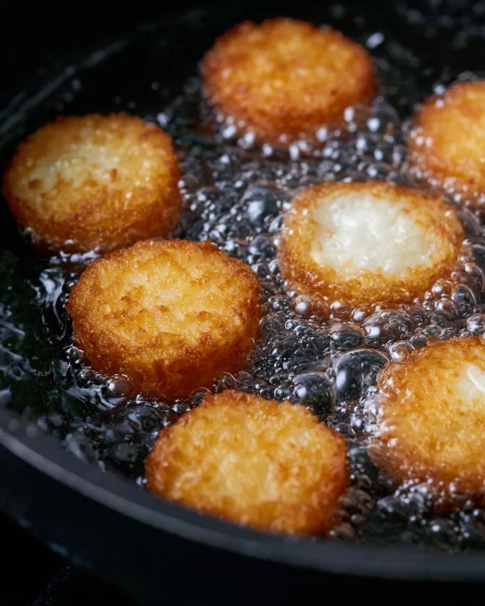 The image shows round, golden-brown pieces of food frying in hot oil inside a black pan. Each piece has a slightly rough texture, with the edges crisply browned while the center appears lighter and softer. The bubbling oil surrounds the pieces, creating small, clear bubbles that indicate active frying. The background beneath the pan is not visible. photo taken with an iphone --ar 4:5 --v 7