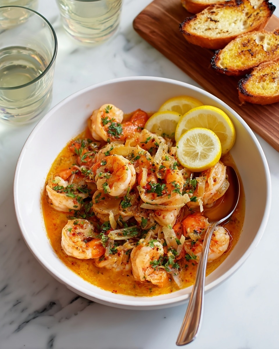 A white bowl filled with a warm orange sauce base holds a pile of bright pink shrimp scattered with thin slices of light tan garlic and chopped fresh green herbs. Two yellow lemon slices rest on one side atop the shrimp. A silver spoon is placed inside the bowl on the right. The bowl sits on a white marbled surface. Nearby, toasted slices of bread with a golden-brown crust rest on a wooden board, and two glasses with clear liquid are partially visible. Photo taken with an iphone --ar 4:5 --v 7