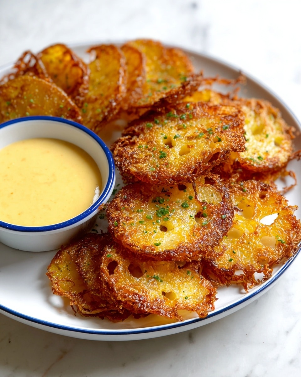 The image shows a white plate with many round, golden brown fried potato slices arranged around a small white bowl with a blue rim filled with creamy light yellow dipping sauce with visible black pepper specks. The potato slices have a crispy texture with darker golden edges and are sprinkled with finely chopped green herbs. The plate rests on a white marbled surface with a white paper underneath the food. Photo taken with an iphone --ar 4:5 --v 7