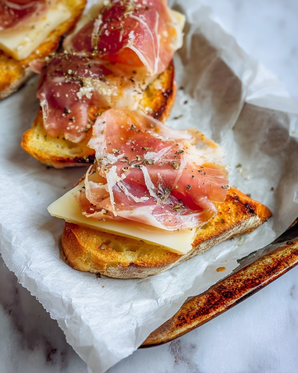 The image shows three small toast slices with three layers each. The bottom layer is golden brown toasted bread with a slight crispy edge. The middle layer is a slice of pale yellow cheese shaped in a triangle. The top layer consists of thin, folded pink prosciutto with white marbling, sprinkled with coarse black pepper. The toast pieces rest on white parchment paper that is placed on a rustic brown baking tray. The background has a white marbled texture. photo taken with an iphone --ar 4:5 --v 7