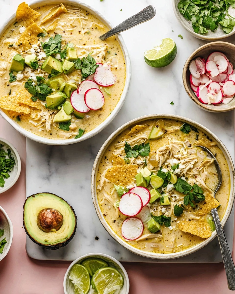 Two white bowls filled with creamy chicken soup are shown, each bowl containing about four visible layers: a light yellow broth with bits of shredded chicken and beans, topped with chopped avocado chunks (light green, soft texture), thin slices of radish with white centers and red edges, fresh green cilantro leaves, and a few tortilla chips placed on the edge. One bowl has a metal spoon inside. Around the bowls, small white bowls hold radish slices, diced avocado, lime wedges, fresh cilantro, and shredded cheese. Half an avocado with its brown seed still inside lies next to the bowls on a white marbled surface. Photo taken with an iphone --ar 4:5 --v 7
