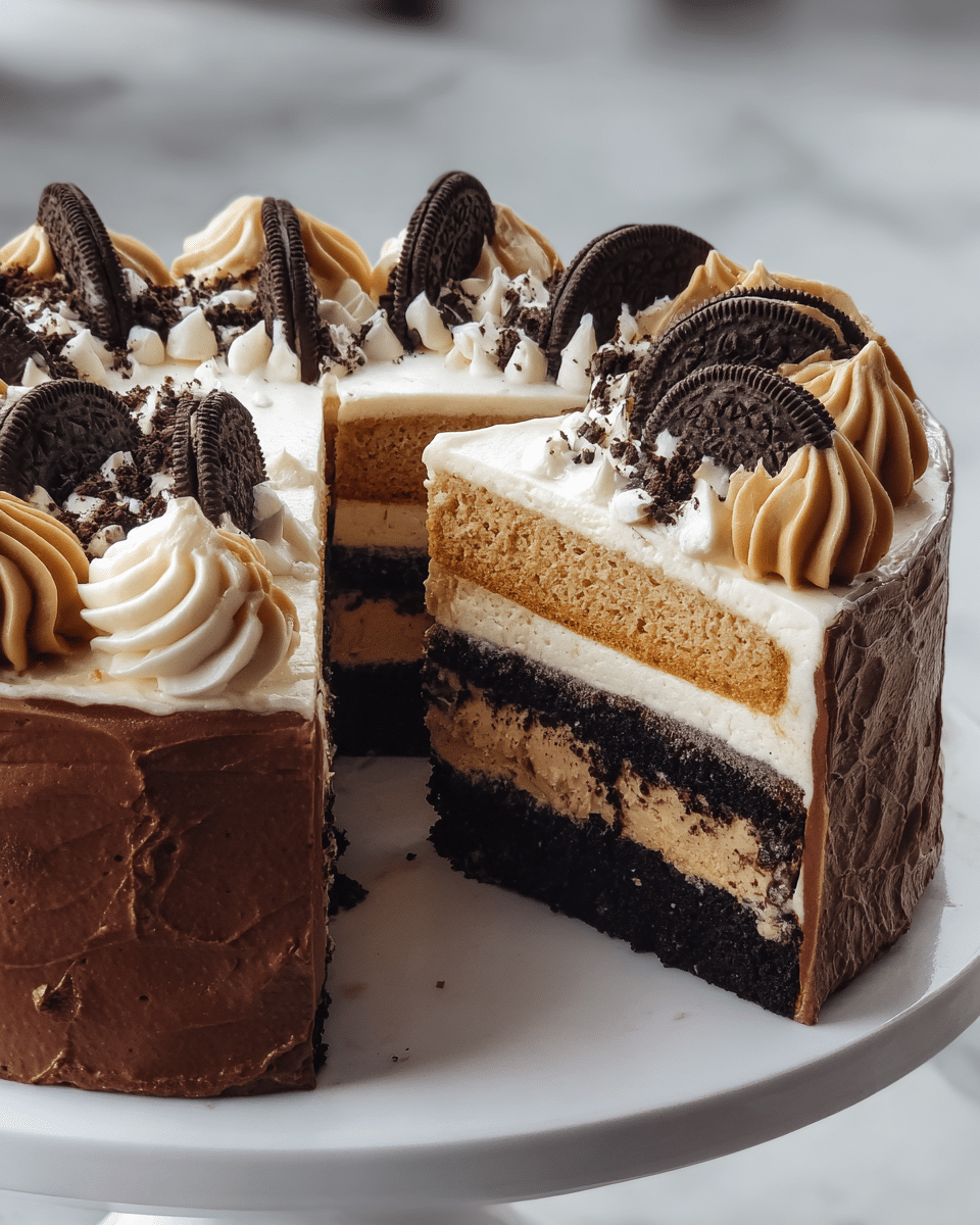 A white round cake on a white marbled surface is cut open to show two distinct halves. The left half has three layers of light brown cake separated by white cream layers, topped with swirls of white and light brown cream and decorated with small Oreo cookies. The right half displays three layers of dark chocolate cake with light chocolate cream layers in between, covered in a thick layer of smooth dark chocolate frosting at the bottom, and topped with the same cream swirls and Oreo pieces as the left side. The top cream swirls have a glossy, smooth texture and sit closely next to each other around the edge. Photo taken with an iphone --ar 4:5 --v 7