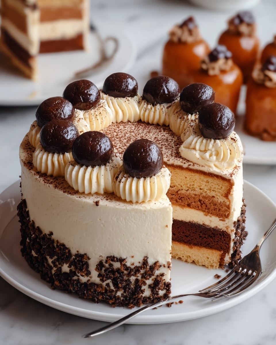 A round four-layer cake sits on a white plate over a white marbled texture. The bottom layer is light tan sponge, followed by a dark brown chocolate cake layer, another light tan sponge, and topped with a dark chocolate cake layer. Between each layer is a smooth white cream filling. The outside of the cake is coated with white frosting, and the base is decorated with small crunchy chocolate bits. The top edge is decorated with swirls of white whipped cream, each topped with a dark chocolate ball dusted lightly with cocoa powder. In the background, there are caramel glazed mini cakes on a white plate. A fork rests beside the cake on the plate. photo taken with an iphone --ar 4:5 --v 7