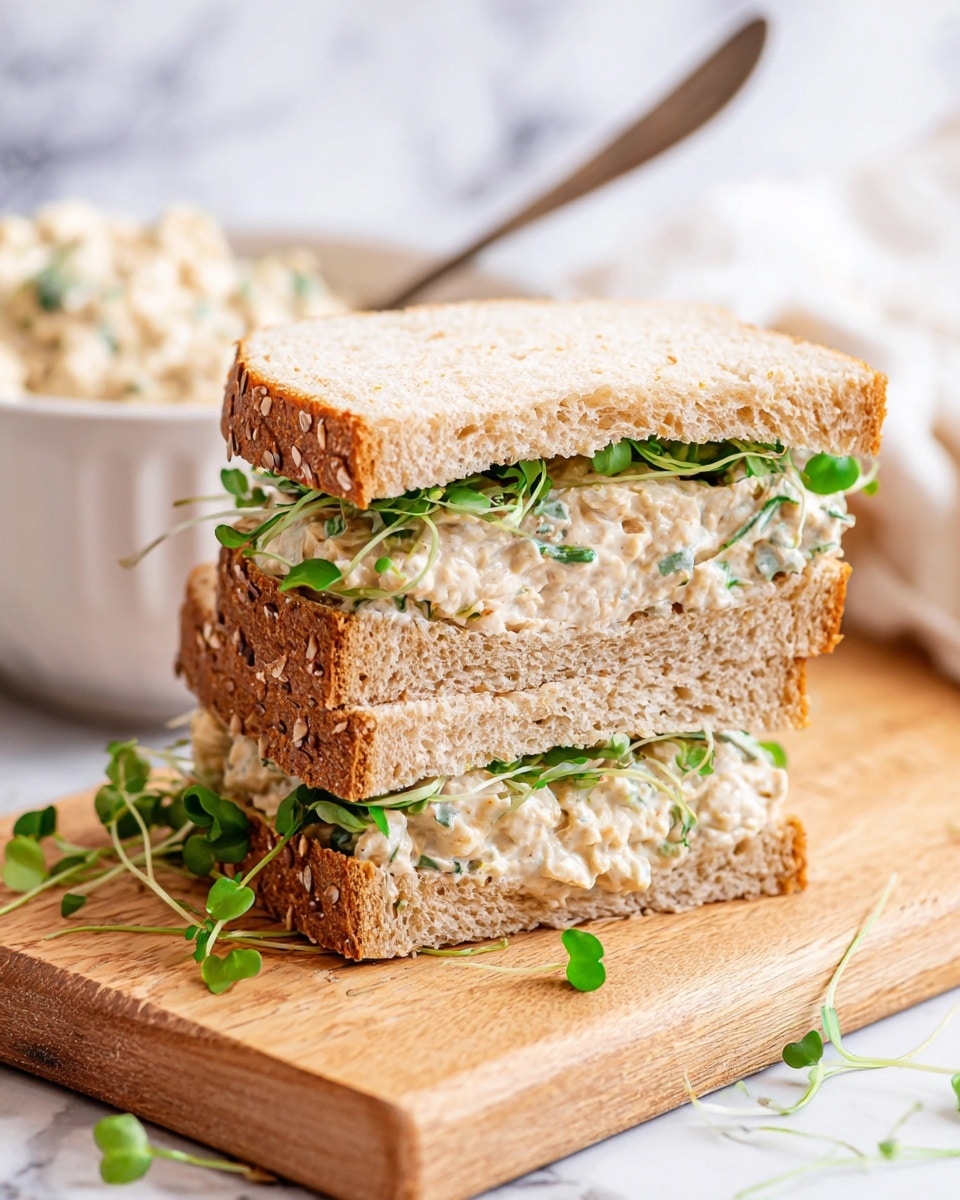 The image shows a double-layer sandwich made with two slices of multigrain bread, each slice light brown with visible grains and a rough texture. Between the bread layers, there is a thick, creamy beige filling with small green herb pieces mixed in, appearing soft and moist. Bright green leafy sprouts are placed above and below the filling, adding a fresh and crisp look. The sandwich is cut in half and stacked, leaning against each other on a wooden board. A few loose bright green leafy sprouts are scattered around the board. In the background, there is a white bowl with the same creamy filling and a spoon inside it, all set on a white marbled surface. photo taken with an iphone --ar 4:5 --v 7