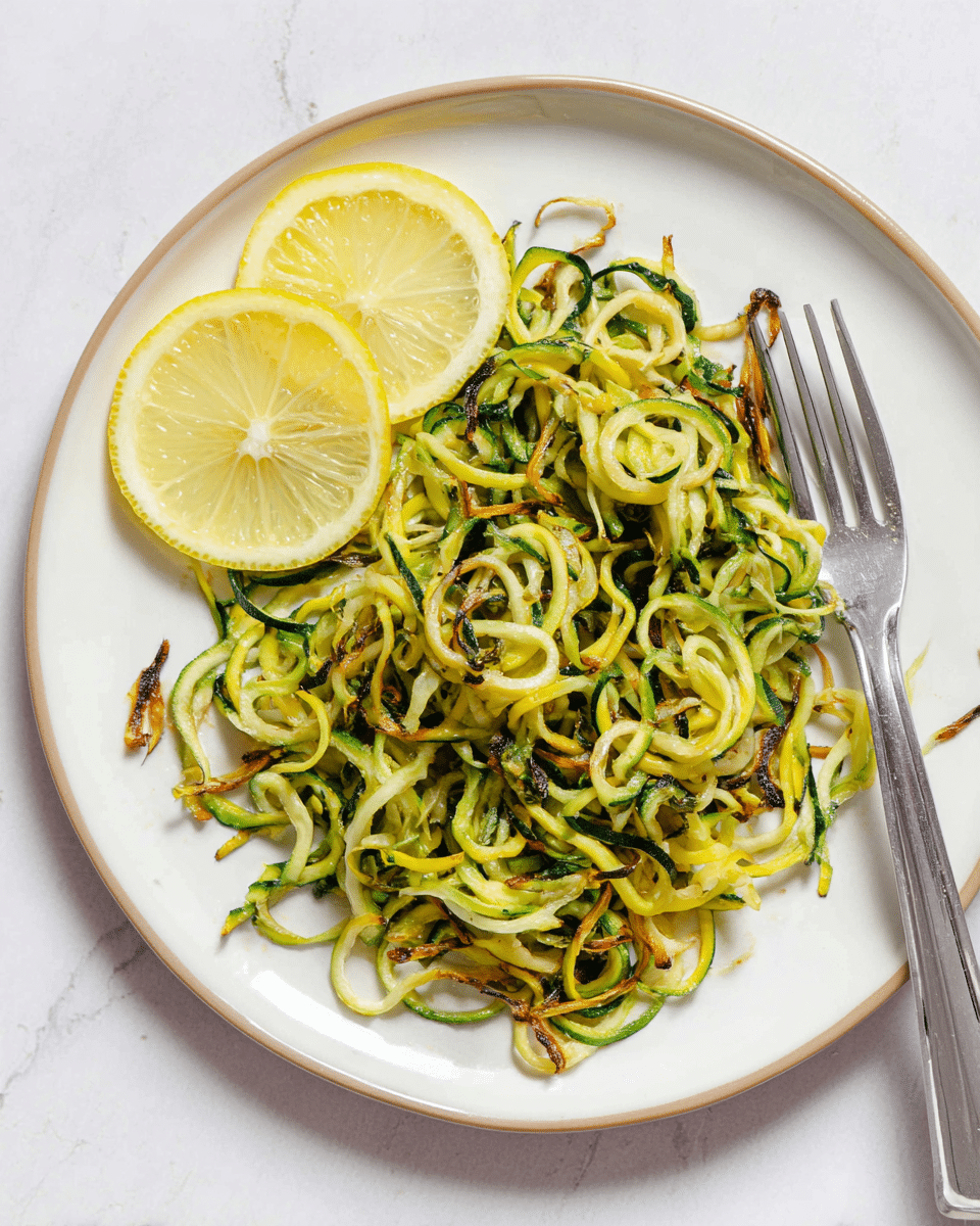 The image shows a plate with a pile of golden and green spiralized zucchini noodles that have crispy browned edges, giving a slightly curly texture. Two thin, bright yellow lemon slices rest neatly on the upper left side of the noodles. A shiny silver fork lies on the right side of the white plate, which sits on a white marbled surface. The overall look is fresh and simple, with a contrast between the warm crispy noodles and the bright fresh lemon slices. photo taken with an iphone --ar 4:5 --v 7