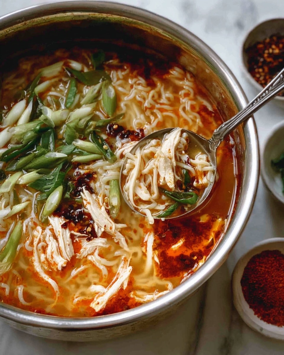 A white bowl filled with clear broth noodle soup shows several layers; the bottom layer is the light brown broth with thin cooked noodles in pale yellow on the right side, next to it thin carrot sticks in orange. On top of these, shredded white chicken pieces are spread on the left side, while a generous pile of sliced green onions covers the middle to right side, sprinkled with red chili flakes and oil adding dark red and oily spots. A small white cup with dark chili oil is placed next to the bowl on a white marbled surface. The photo taken with an iphone --ar 4:5 --v 7